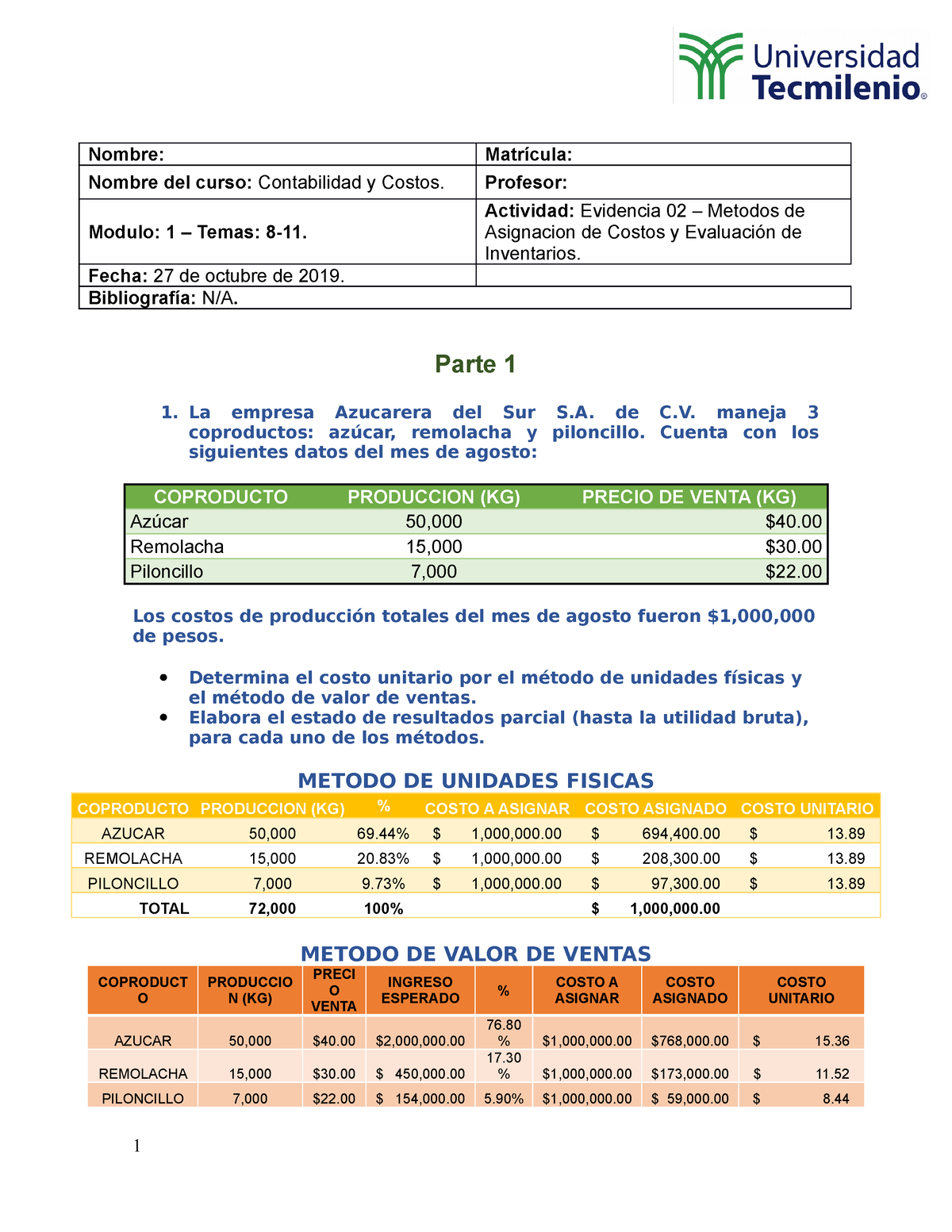 Evidencia 02 Contabilidad Y Costos Nombre Matrícula Nombre Del Curso Contabilidad Y 9349