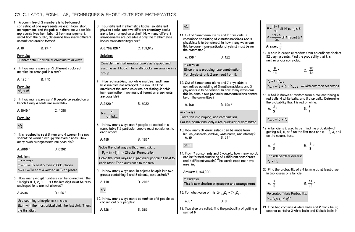 Cal. Tech 15 - Calculator Techniques - CALCULATOR, FORMULAS, TECHNIQUES ...