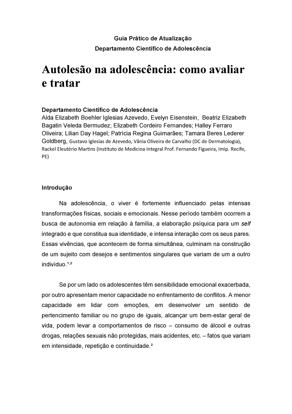 Autoles O Na Adolesc Ncia Como Avaliar E Tratar Guia Pr Tico De Atualiza O Departamento