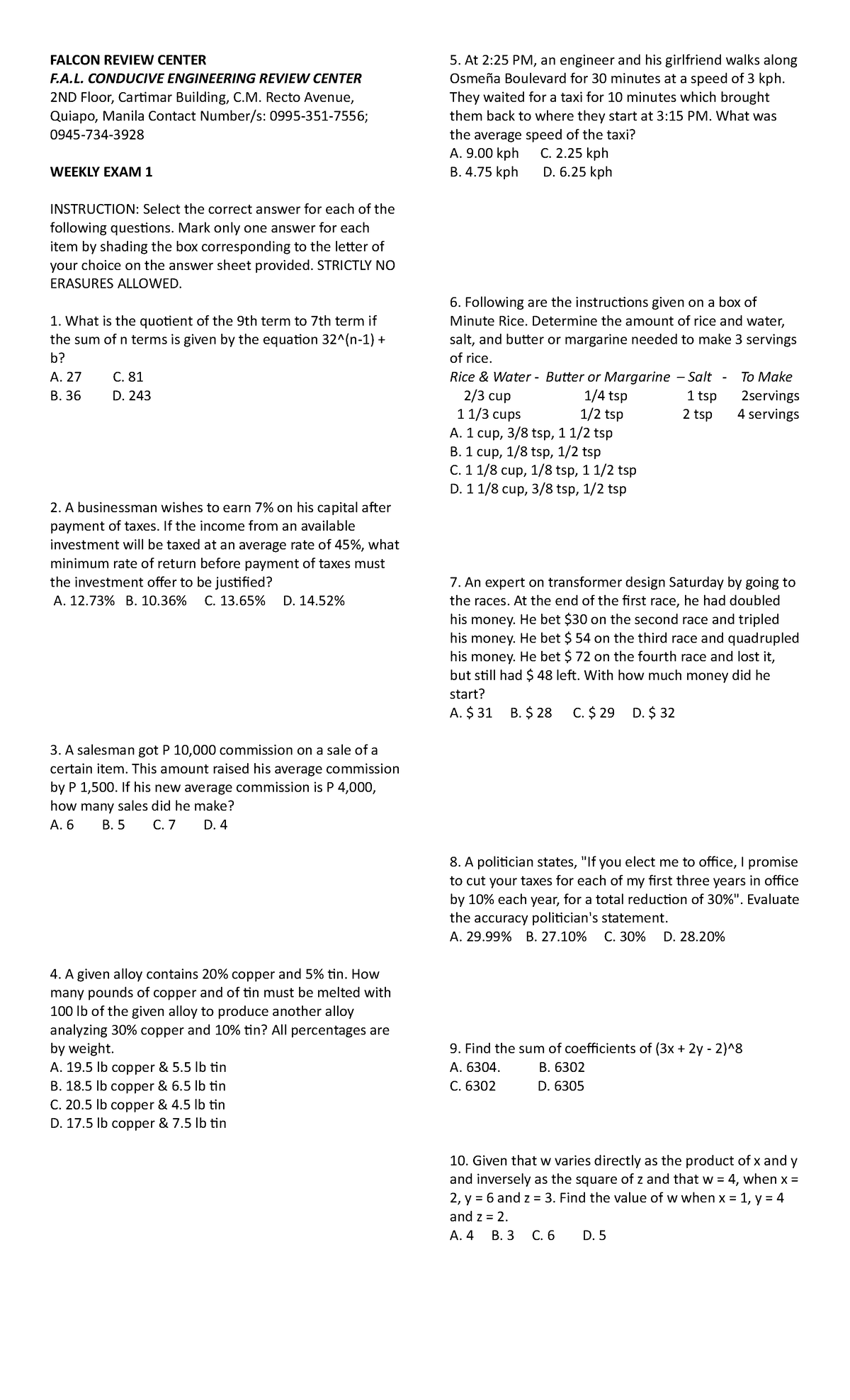 Weekly EXAM 1 - Practice problems - FALCON REVIEW CENTER F.A. CONDUCIVE ...