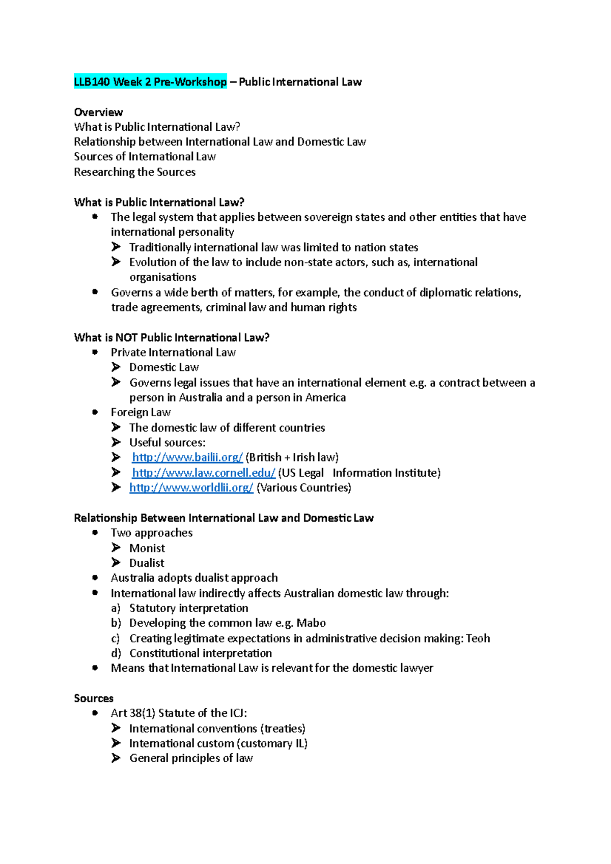 Week 2 - Public International Law - LLB140 Week 2 Pre-Workshop – Public ...