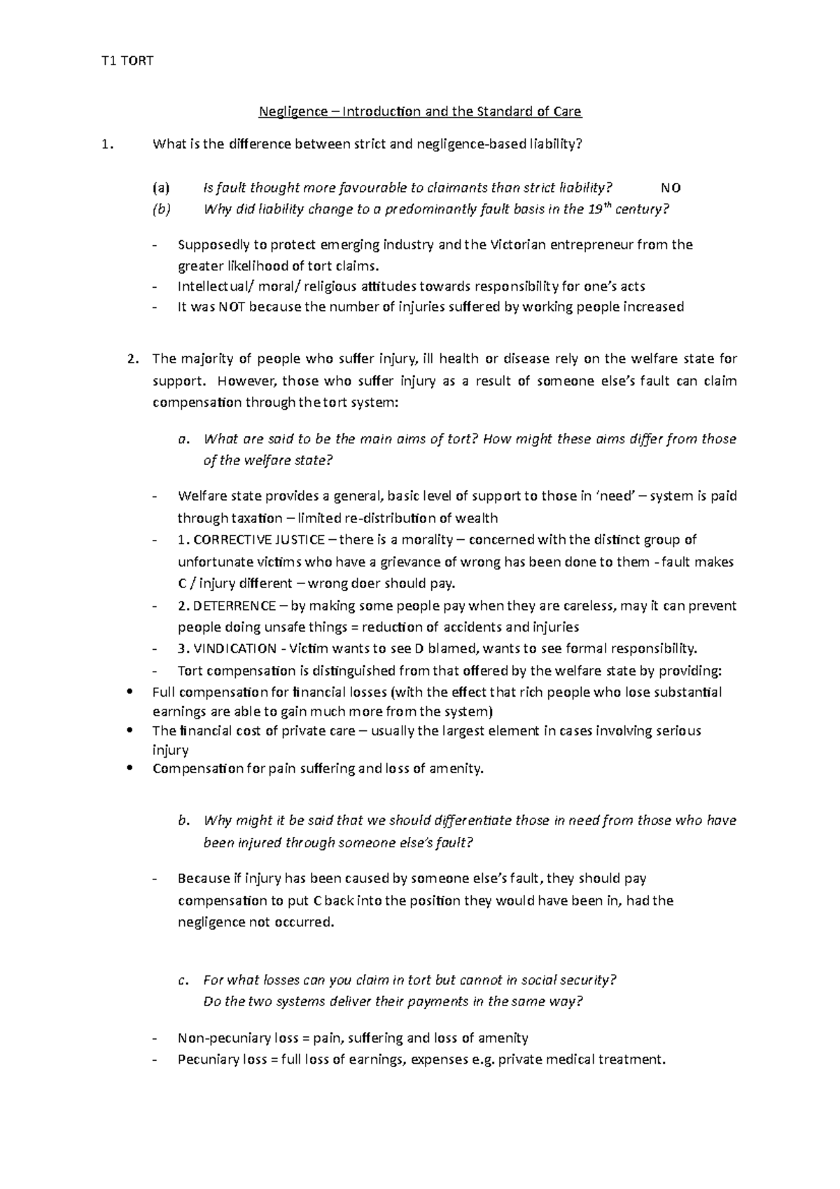 T1 Negligence Introduction and Standard of Care - T1 TORT Negligence ...