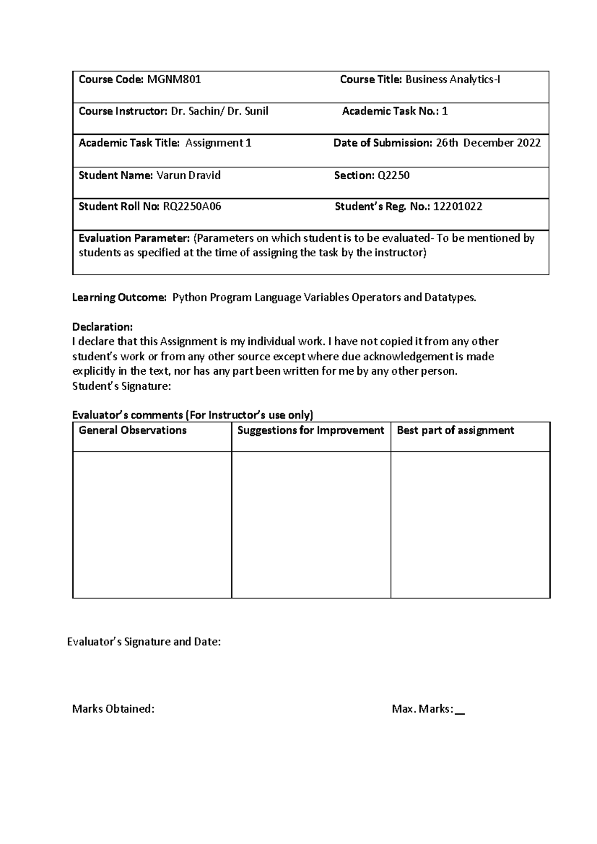 BA CA1 - python ca - Course Code: MGNM801 Course Title: Business ...