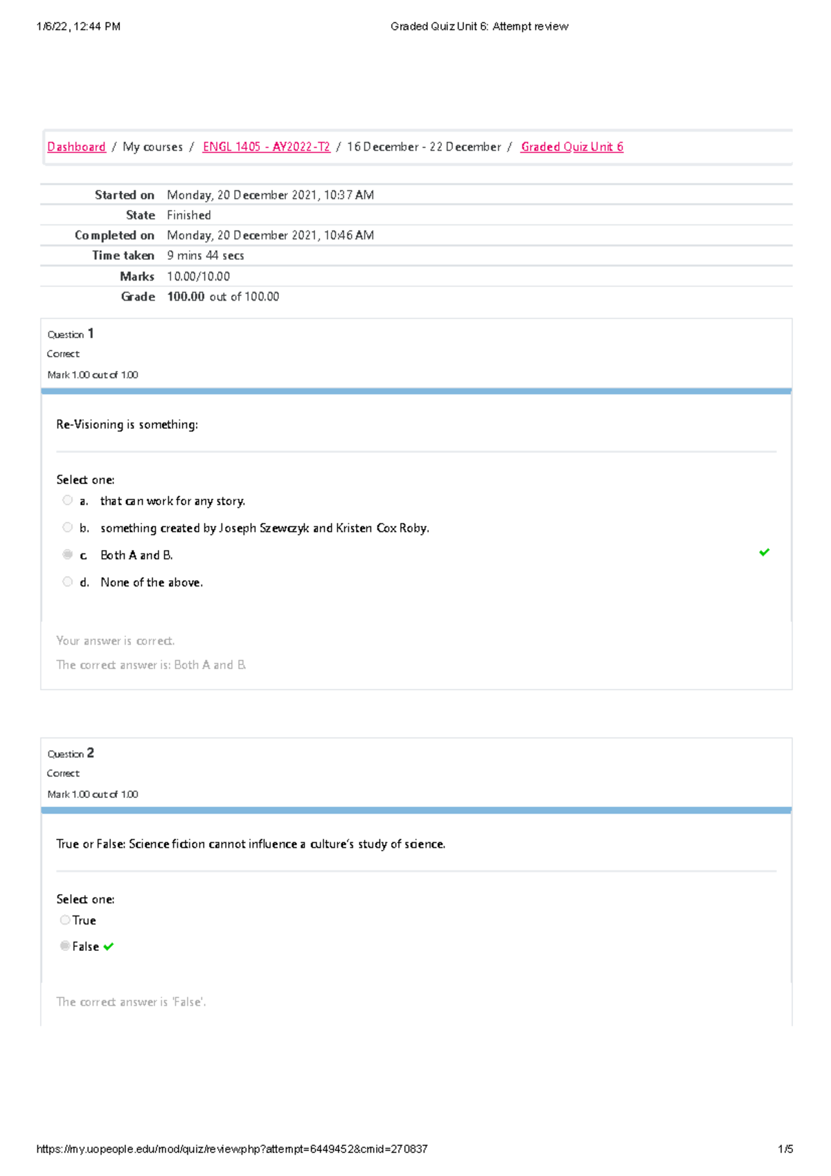 ENGL 1405 Graded Quiz Unit 6 Attempt review - Started on Monday, 20 ...