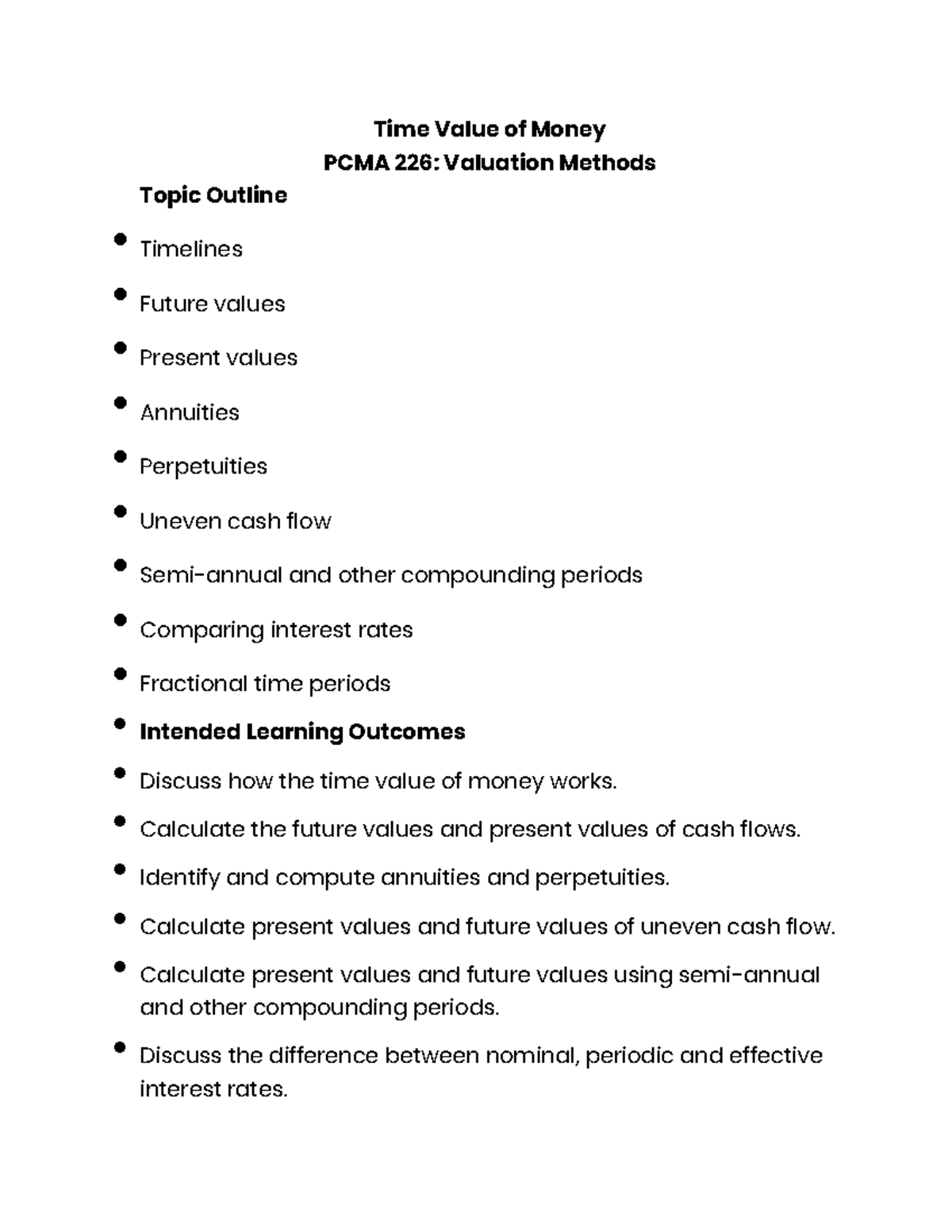 Time Value of Money- Valuation Method - Time Value of Money PCMA 226 ...