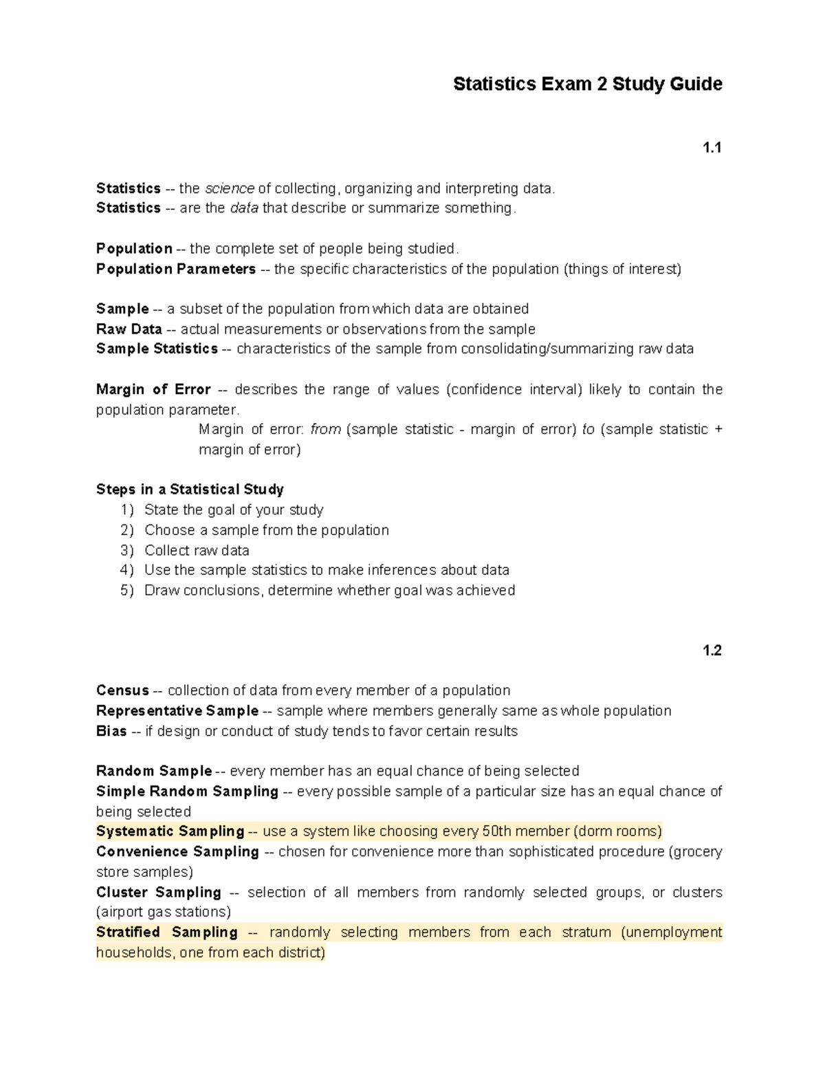 Stat Exam 2FULLNOTES - Statistics Exam 2 Study Guide 1 the of ...