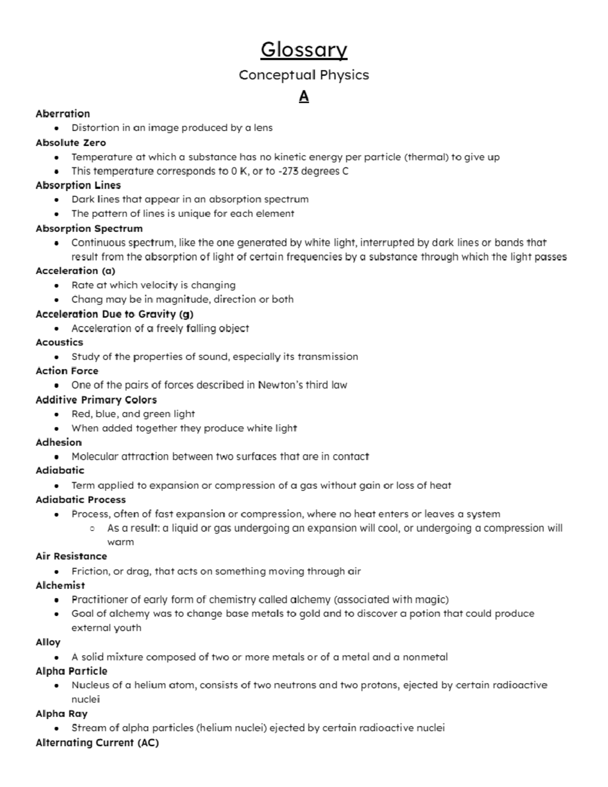 Conceptual Physics Glossary - A - Google Docs - PHYS 1010 - Studocu