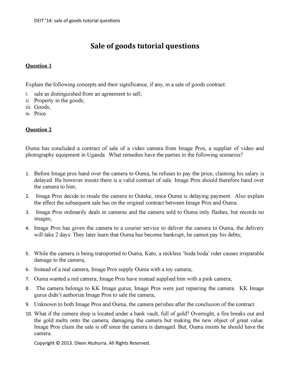 Tutorial Questions Sale Of Goods Law - Law Of Tort And Negligence - UCU ...