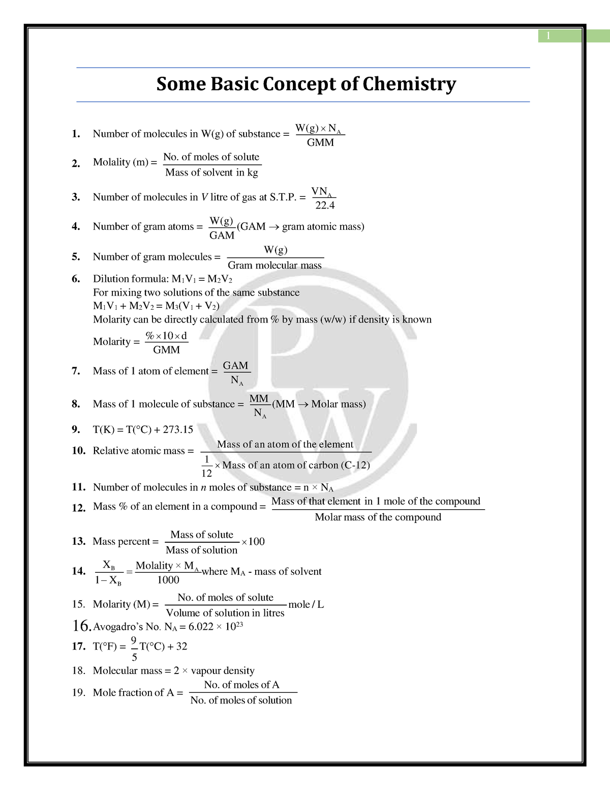 Physical Chemistry Formula Sheet - Some Basic Concept Of Chemistry GMM ...