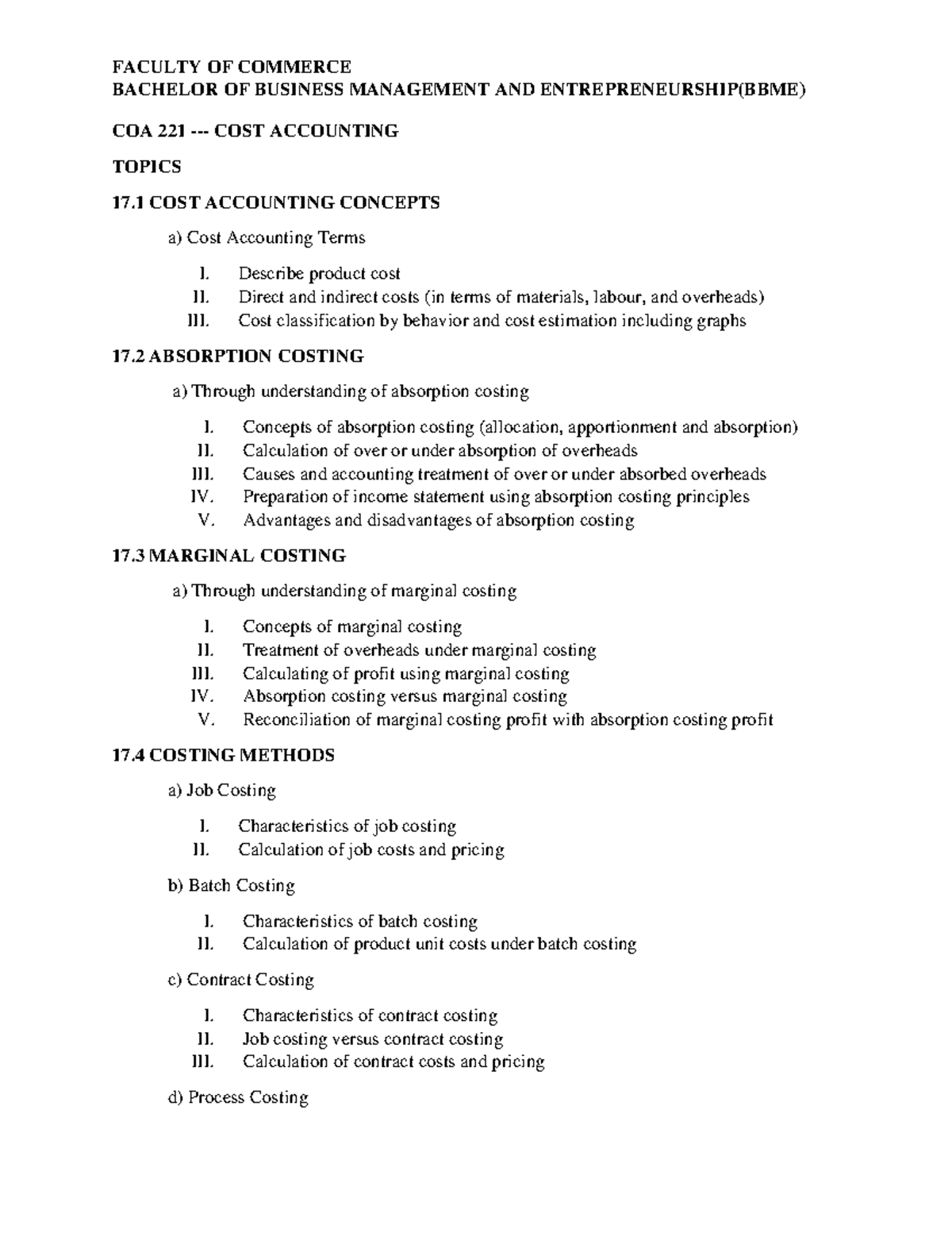 COA 221 Course Outline - Work - FACULTY OF COMMERCE BACHELOR OF ...