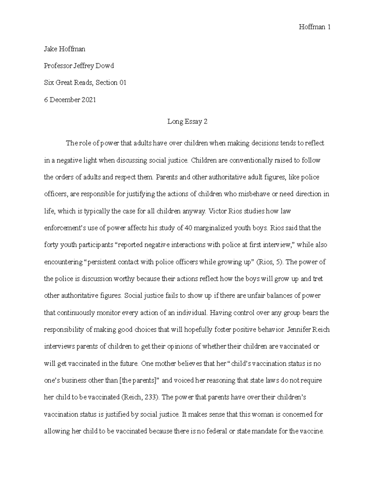 Long Essay 2 - Good notes - Hoffman 1 Jake Hoffman Professor Jeffrey ...