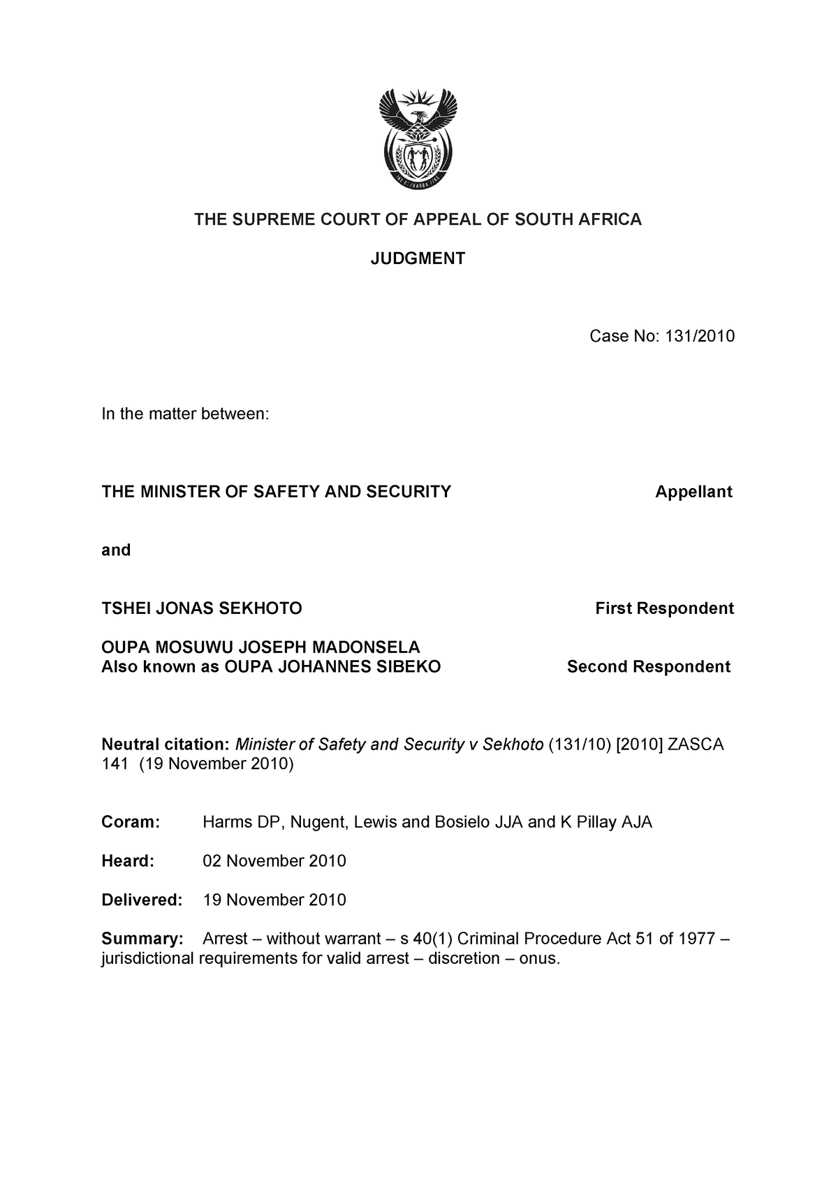 Minister of Safety & Security v Van Niekerk - THE SUPREME COURT OF ...