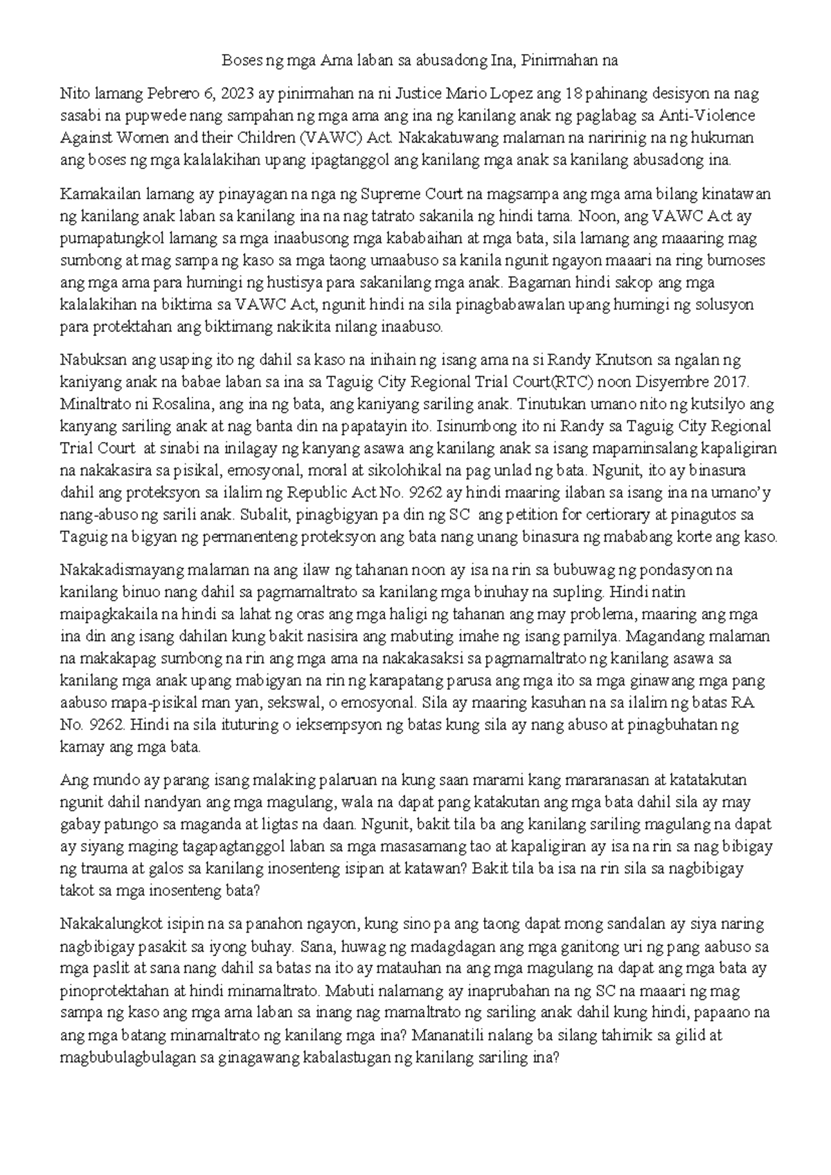Editoryal- Draft - Boses ng mga Ama laban sa abusadong Ina, Pinirmahan ...