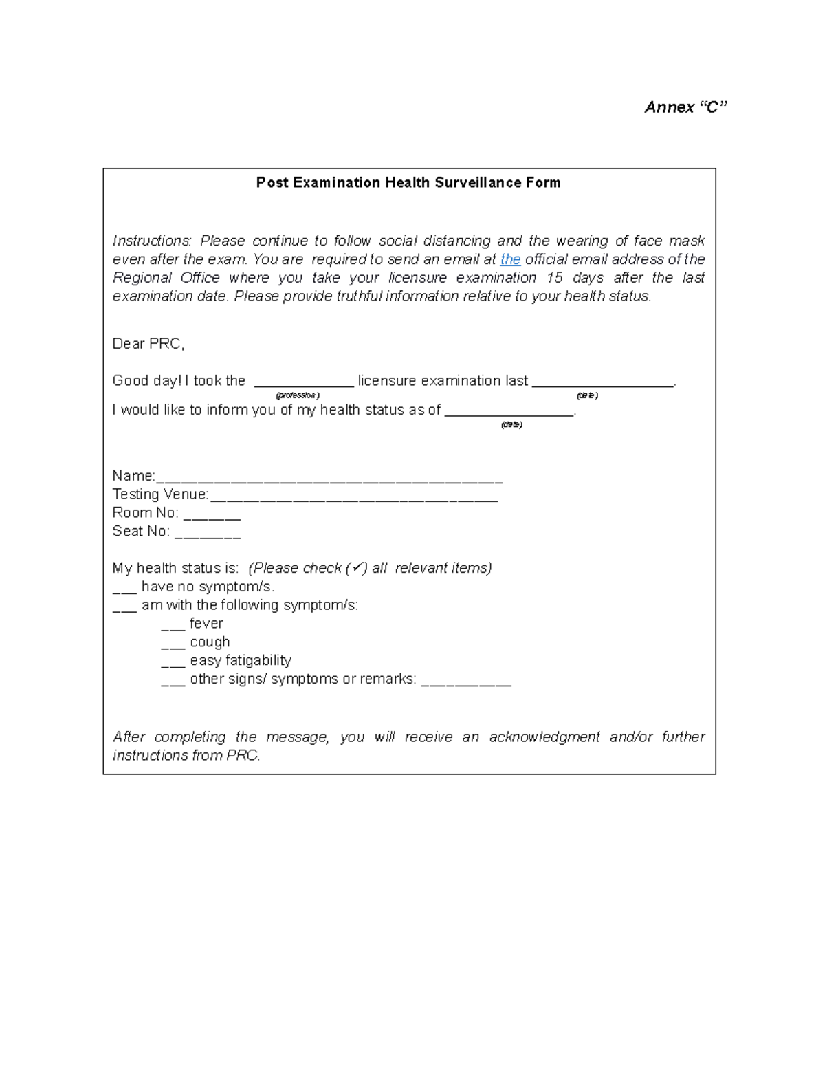 Annex C - Post Examination Health Surveillance Form Nov 2020 - Annex “C ...