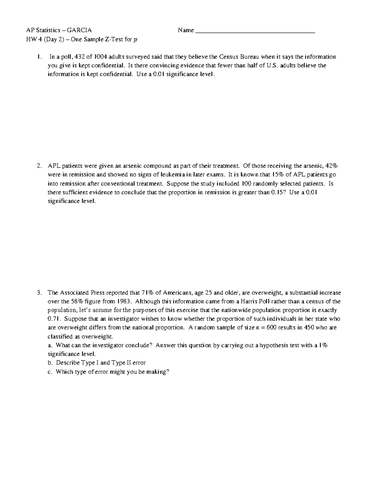 HW 4 - One Sample Proportions Day 2 - AP Statistics – GARCIA Name - Studocu