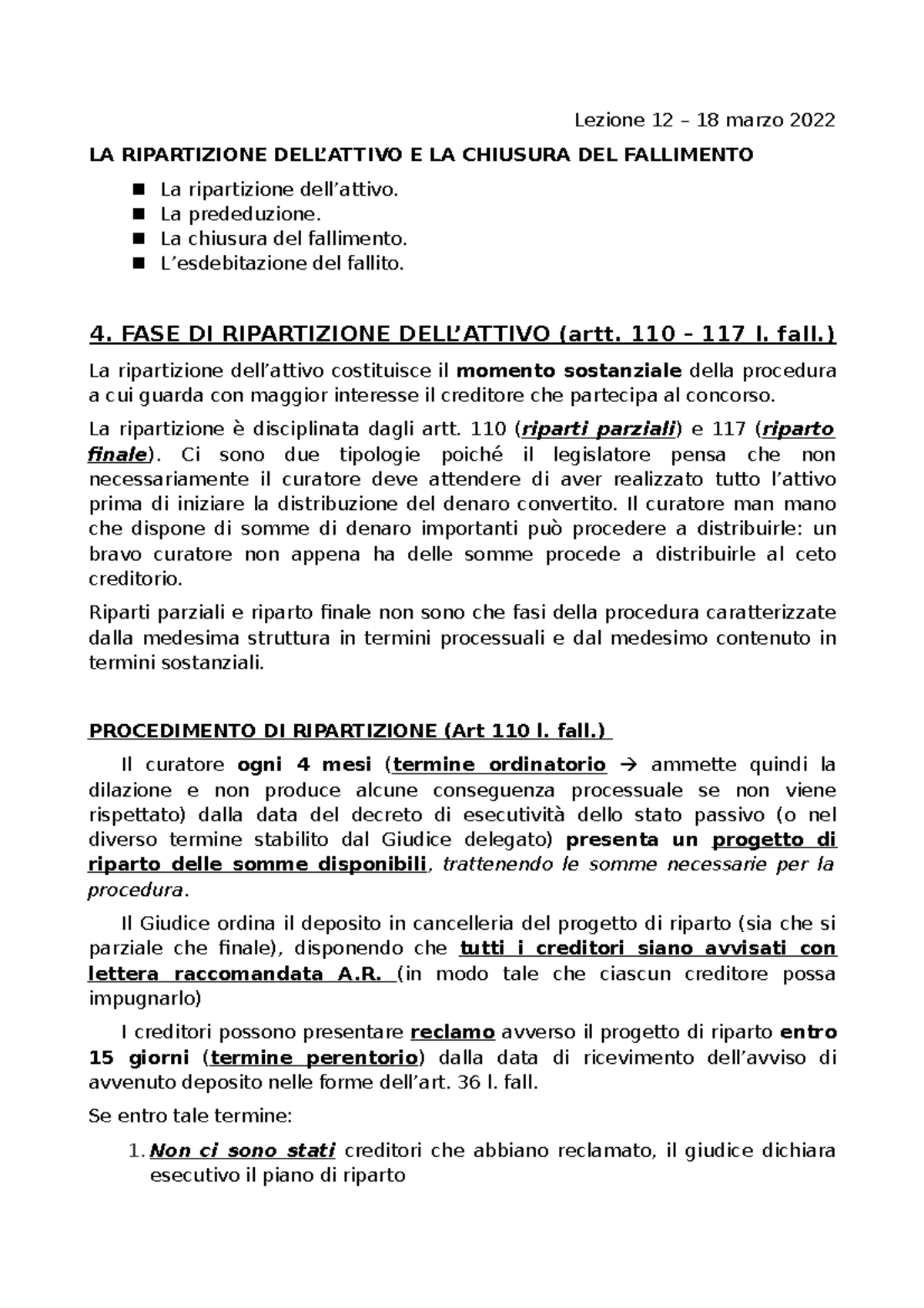 Lezione 12 - Lezione 12 – 18 marzo 2022 LA RIPARTIZIONE DELL’ATTIVO E ...