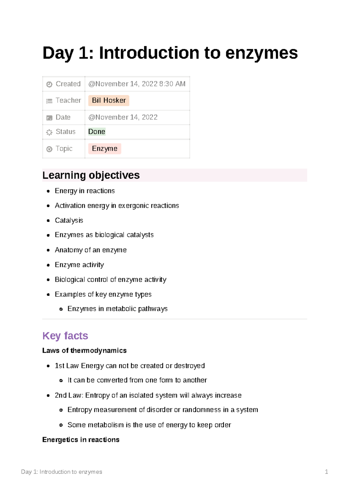 Day 1 Introduction To Enzymes - Day 1: Introduction To Enzymes Created ...