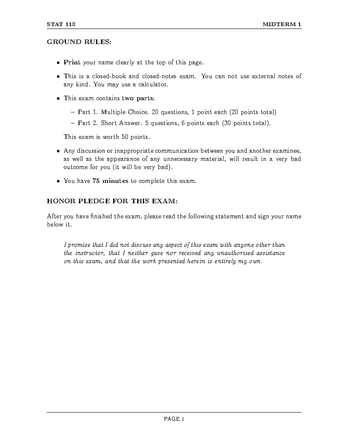 Sample/practice exam 2017, questions - STAT 110 MIDTERM 1 GROUND RULES ...