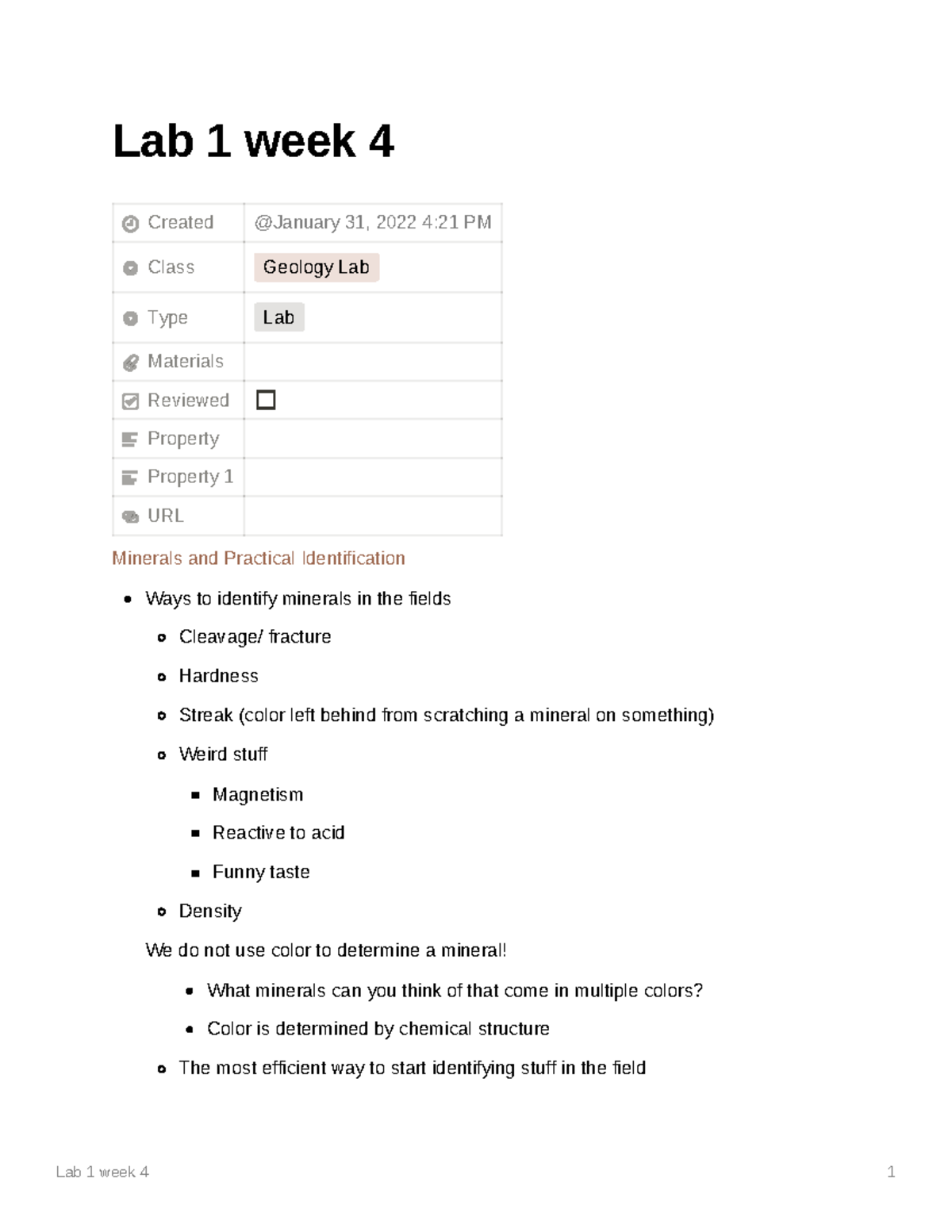 Geology Lab 1 week 4 Lecture notes from Geo 101, spring term taught
