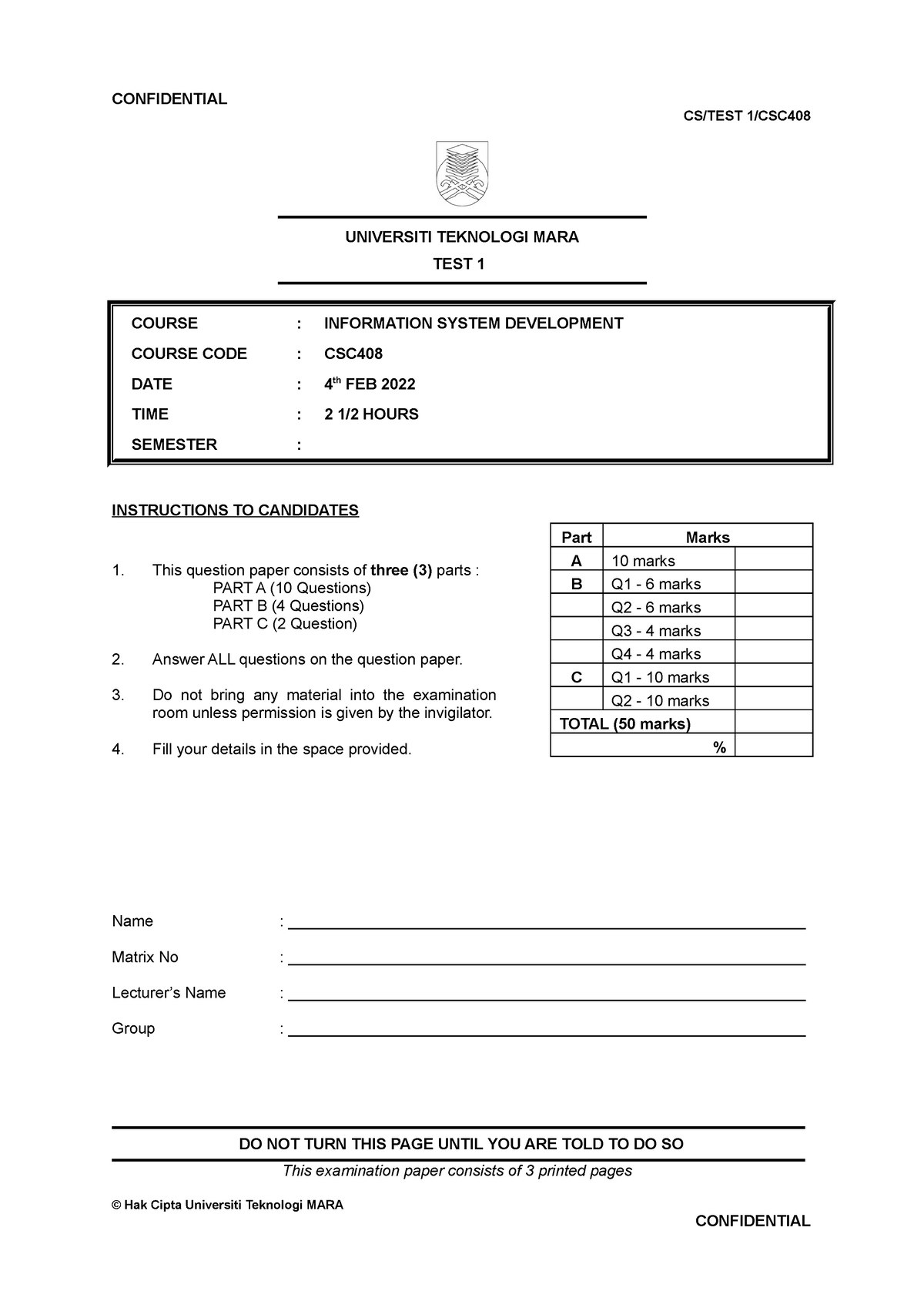 QUESTION Test 1 CSC408 FEBRUARY 2022 - CS/TEST 1/CSC UNIVERSITI ...