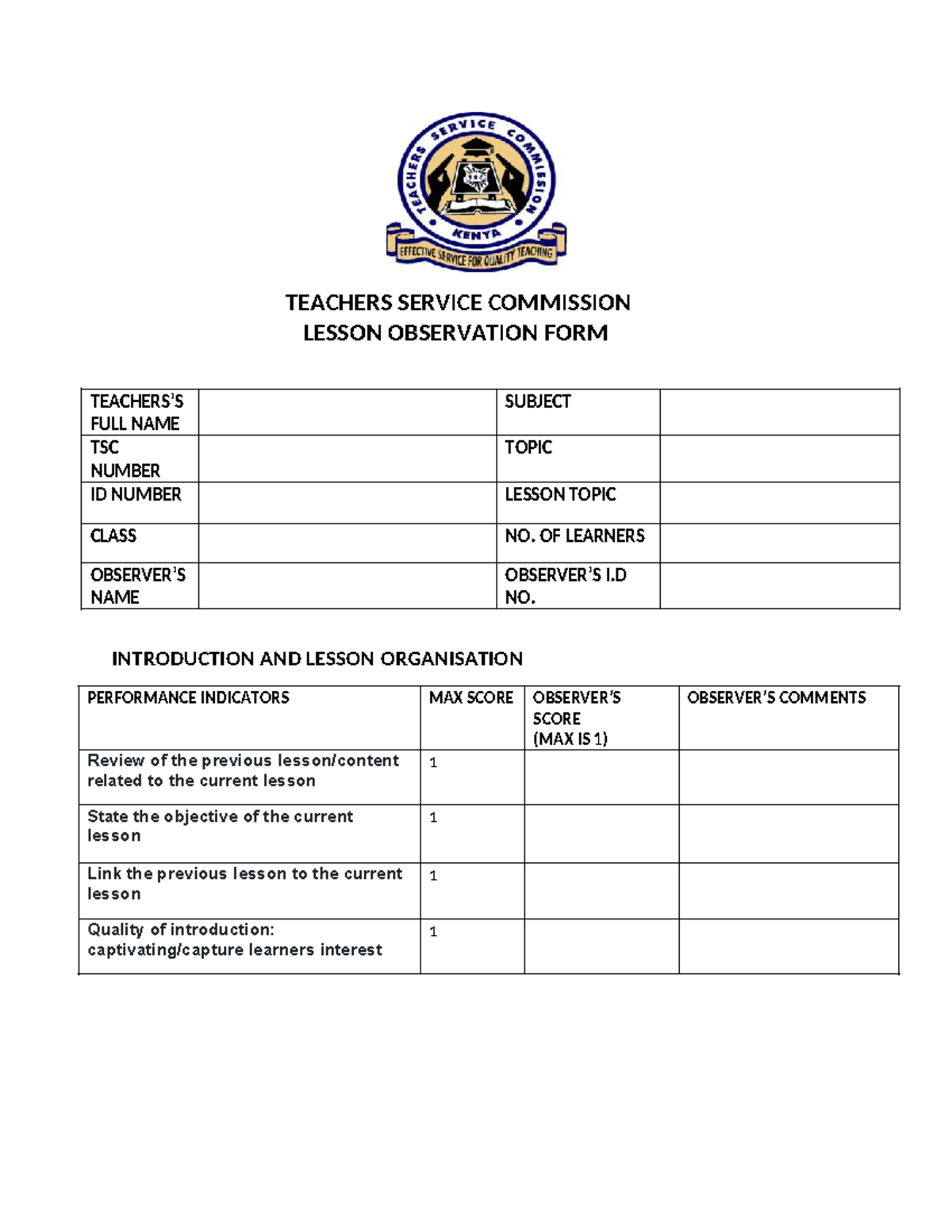 Copy-tpad 2 lesson observation form - TEACHERS SERVICE COMMISSION ...
