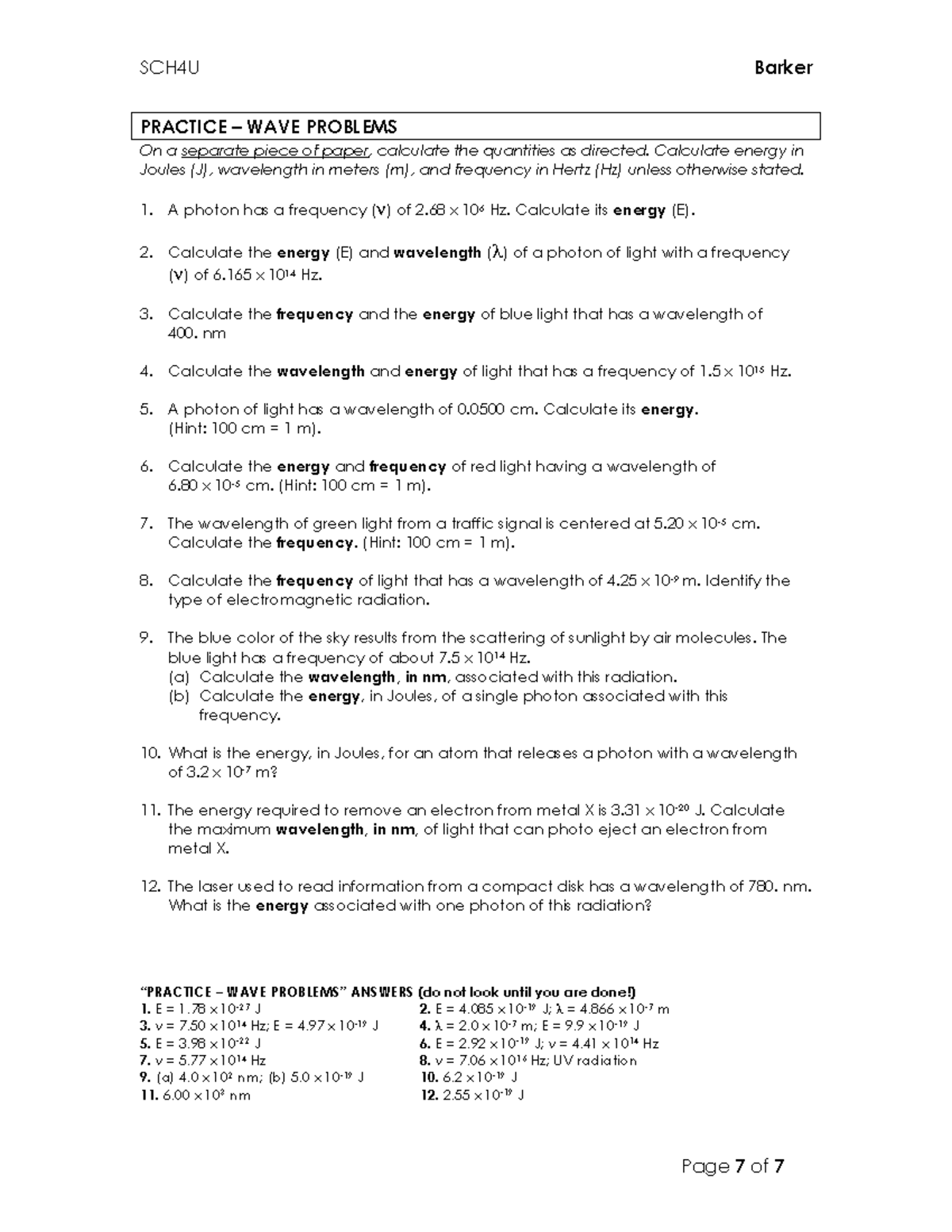 2 Practice - Wave Problems - SCH4U Barker Page 7 of 7 PRACTICE – WAVE ...
