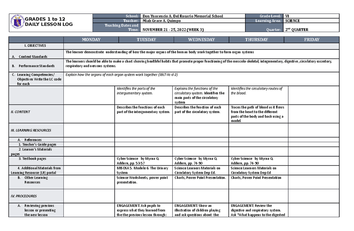 DLL Science 6 Q2 W3 - FOR RESEARCH PURPOSES ONLY - GRADES 1 to 12 DAILY ...