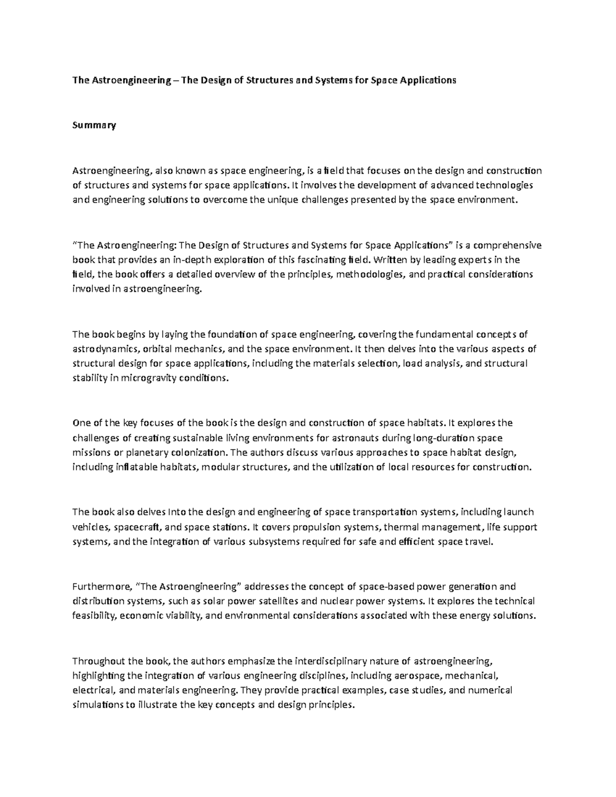 The Astroengineering – The Design of Structures and Systems for Space ...
