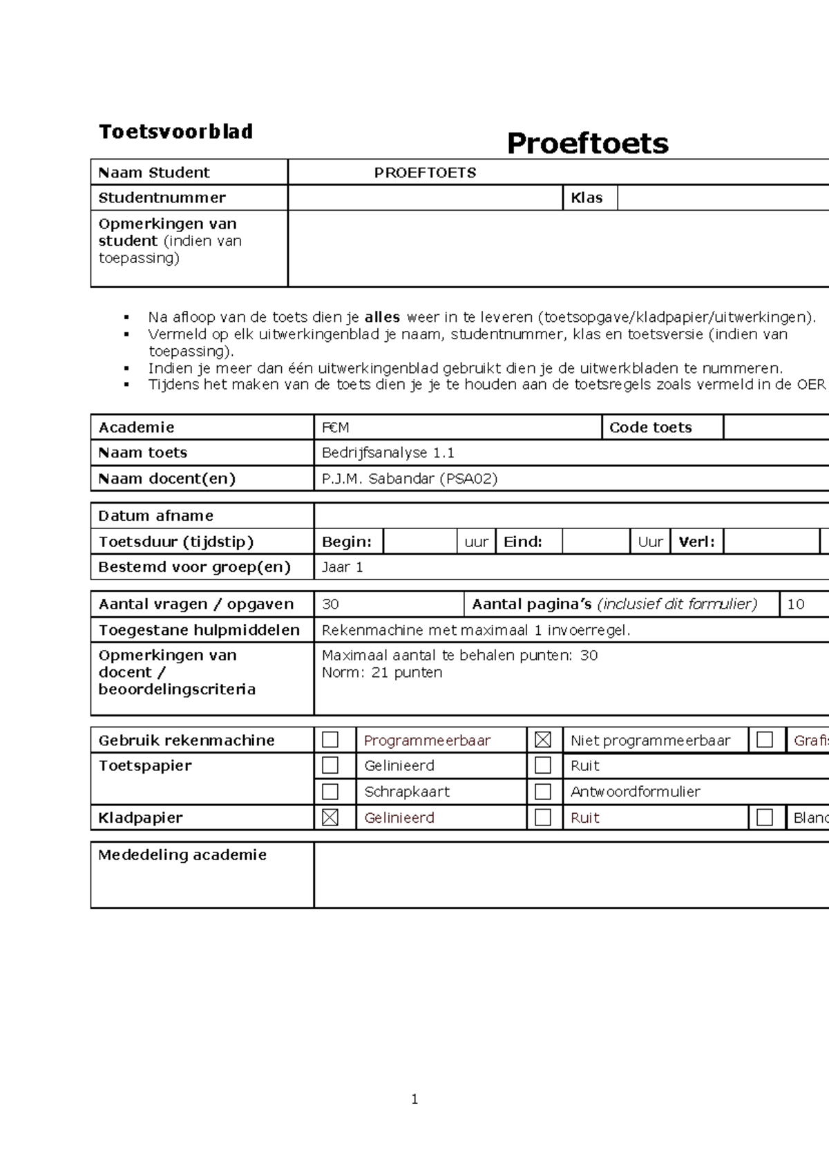 Bedrijfsanalyse 1.1, Proeftoets 2020-2021, Versie 2 - Toetsvoorblad ...