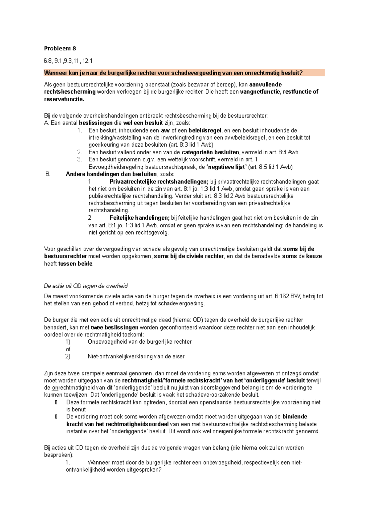 Probleem 8 Werkgroep Uitwerkingen - Bestuursrecht - EUR - Studeersnel