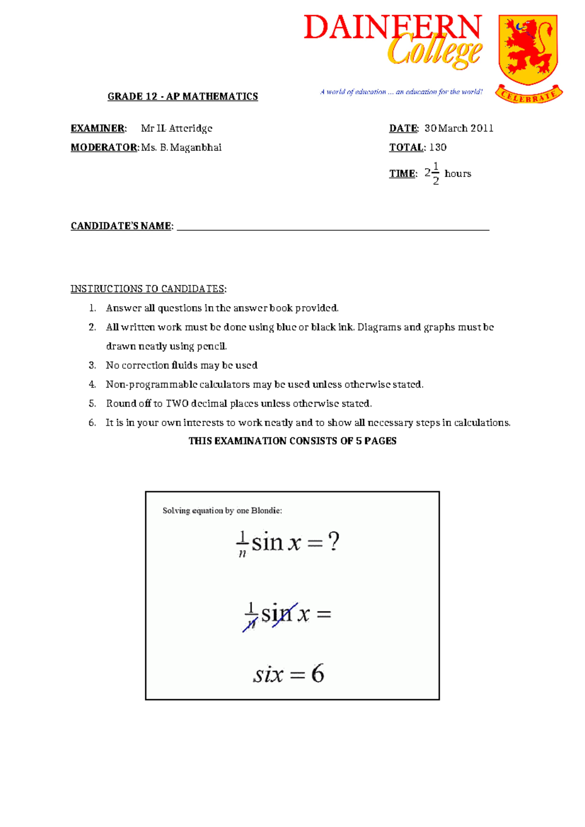 12 DFC AP March 2011 - sdf - GRADE 12 - AP MATHEMATICS EXAMINER: Mr IL ...