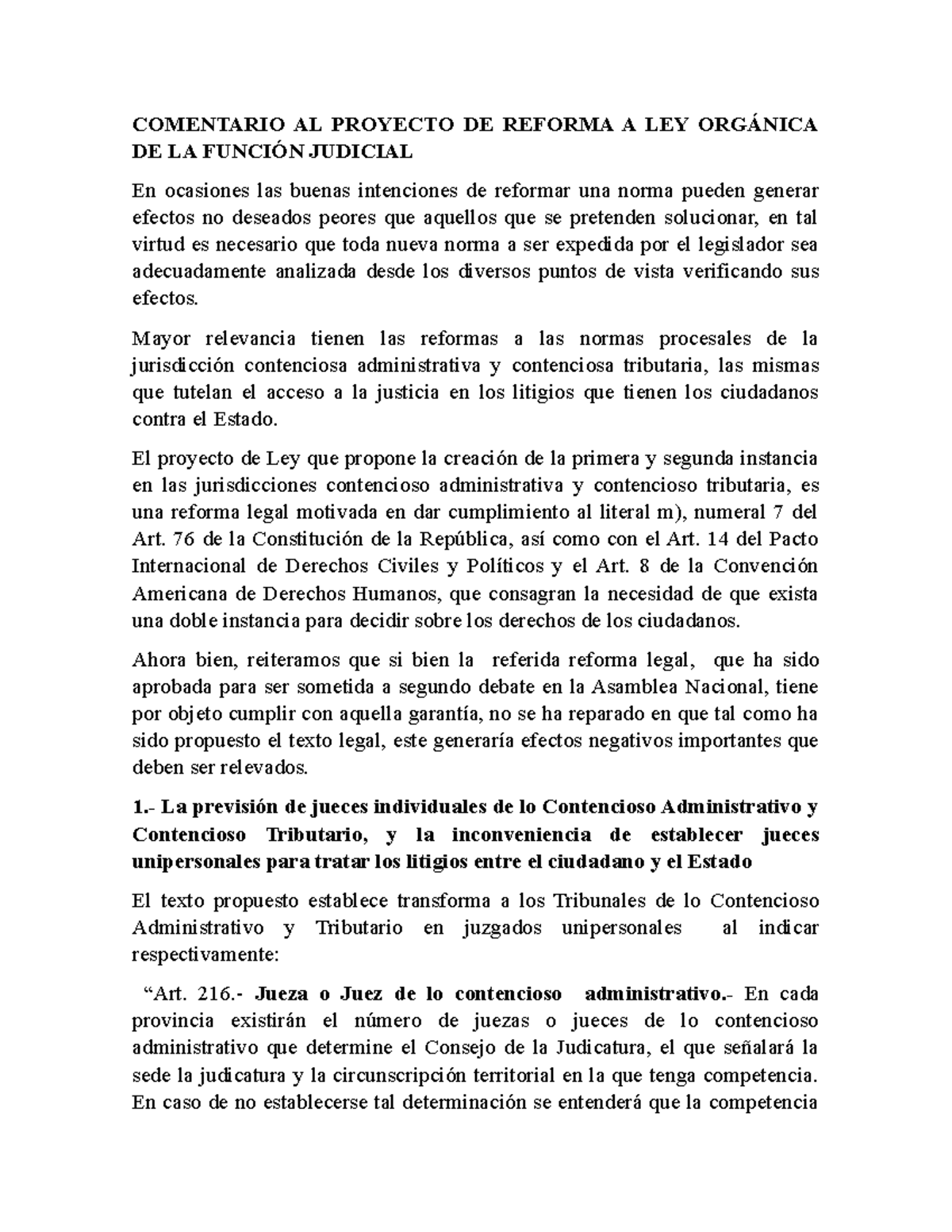 Comentario al Proyecto de Ley Orgánica de la Función Judicial que ...