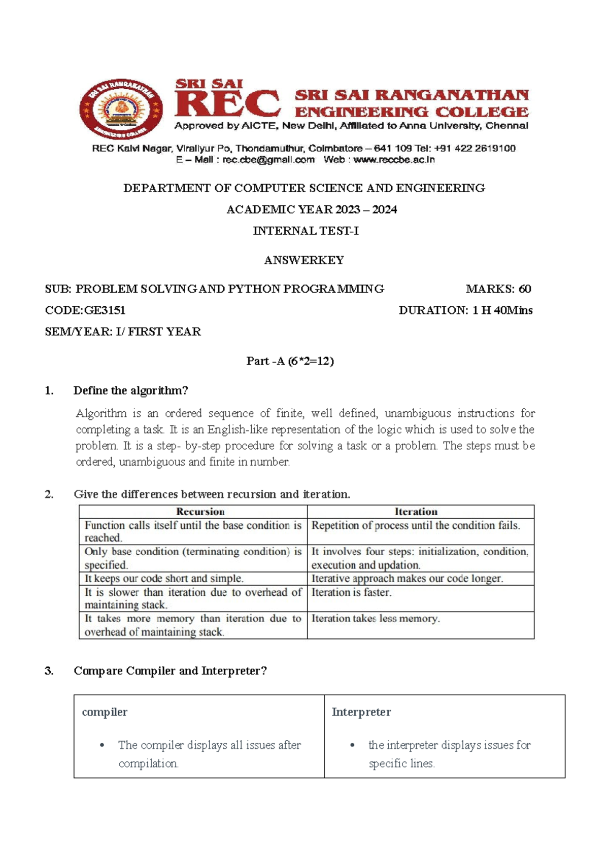 Python First Internal Answer KEY - DEPARTMENT OF COMPUTER SCIENCE AND ...