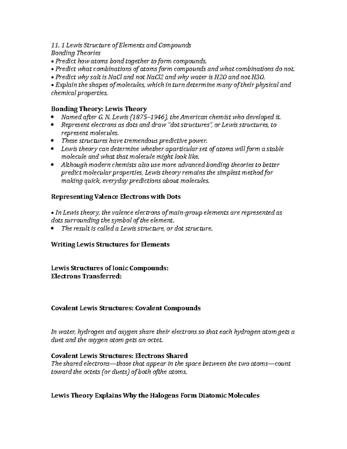 Chapter 11 - Study Guide - 1 Lewis Structure Of Elements And Compounds ...