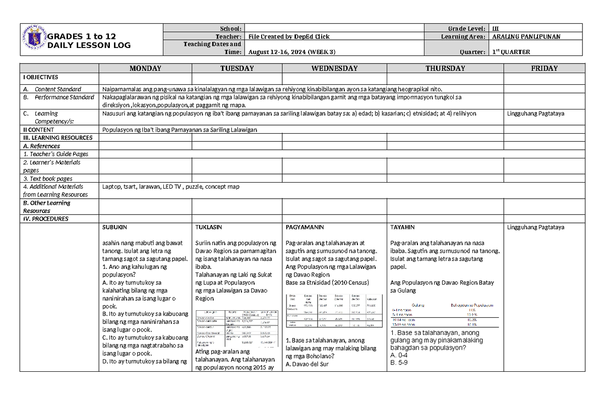 DLL Araling Panlipunan 3 Q1 W3 - GRADES 1 to 12 DAILY LESSON LOG School ...