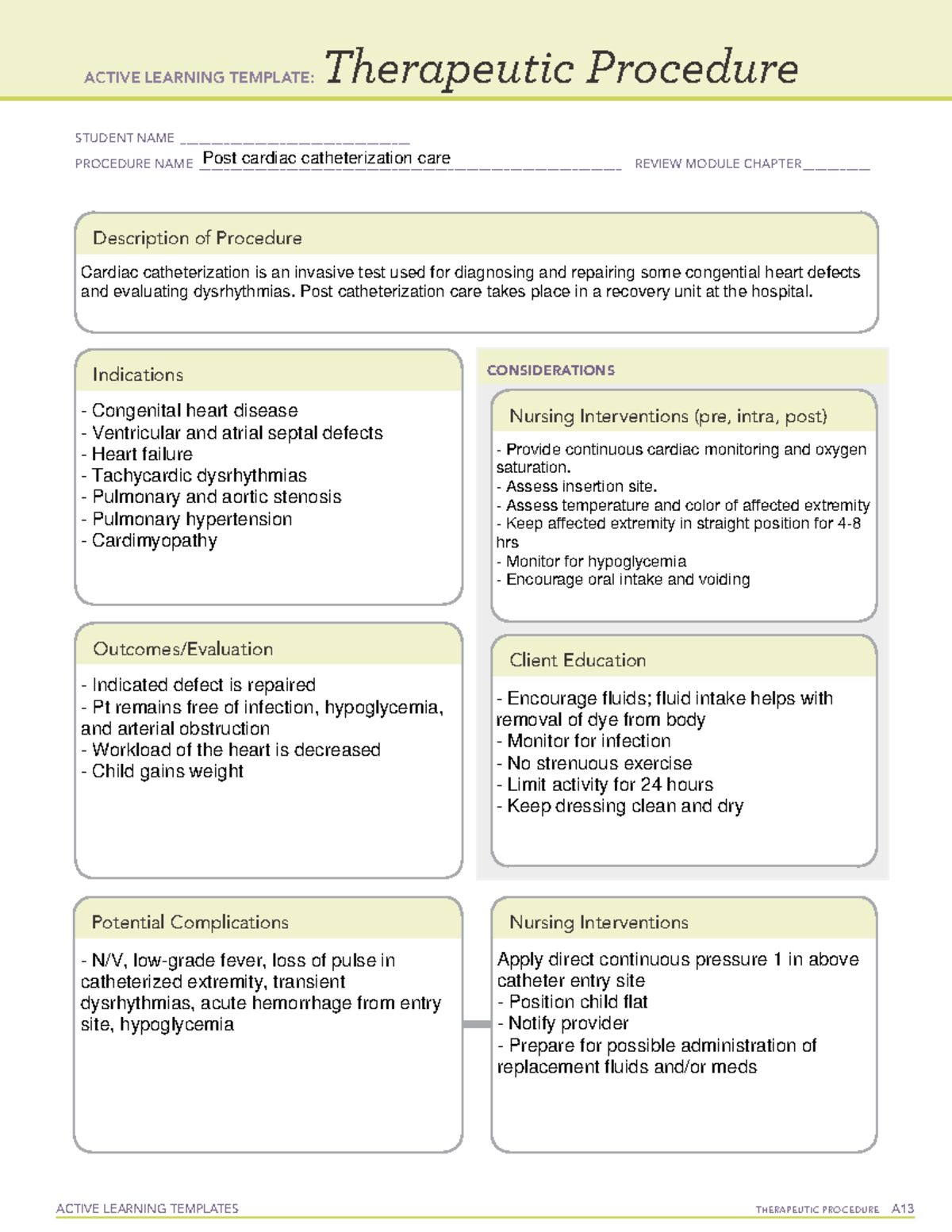 Post cardiac catheterization care - ACTIVE LEARNING TEMPLATES ...