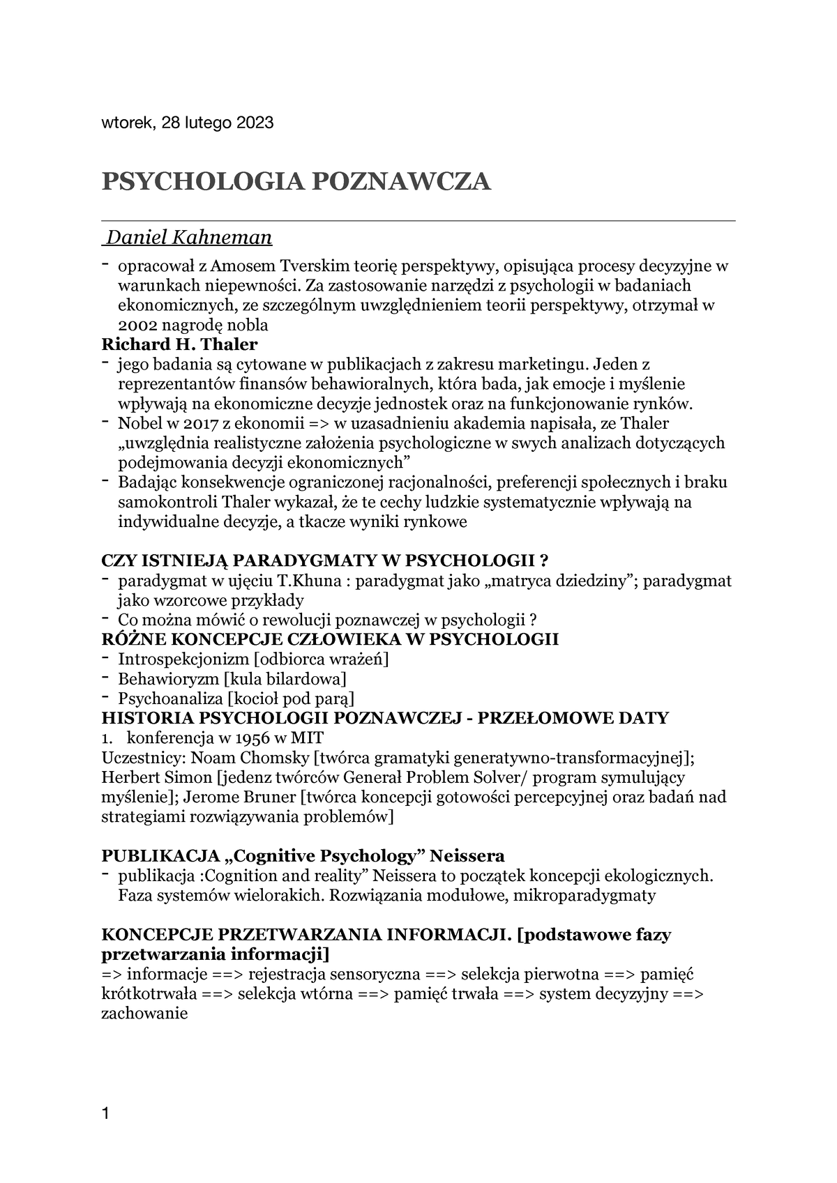 Poznawcza 1 - Notatki Z Poznawczej - Wtorek, 28 Lutego 2023 PSYCHOLOGIA ...