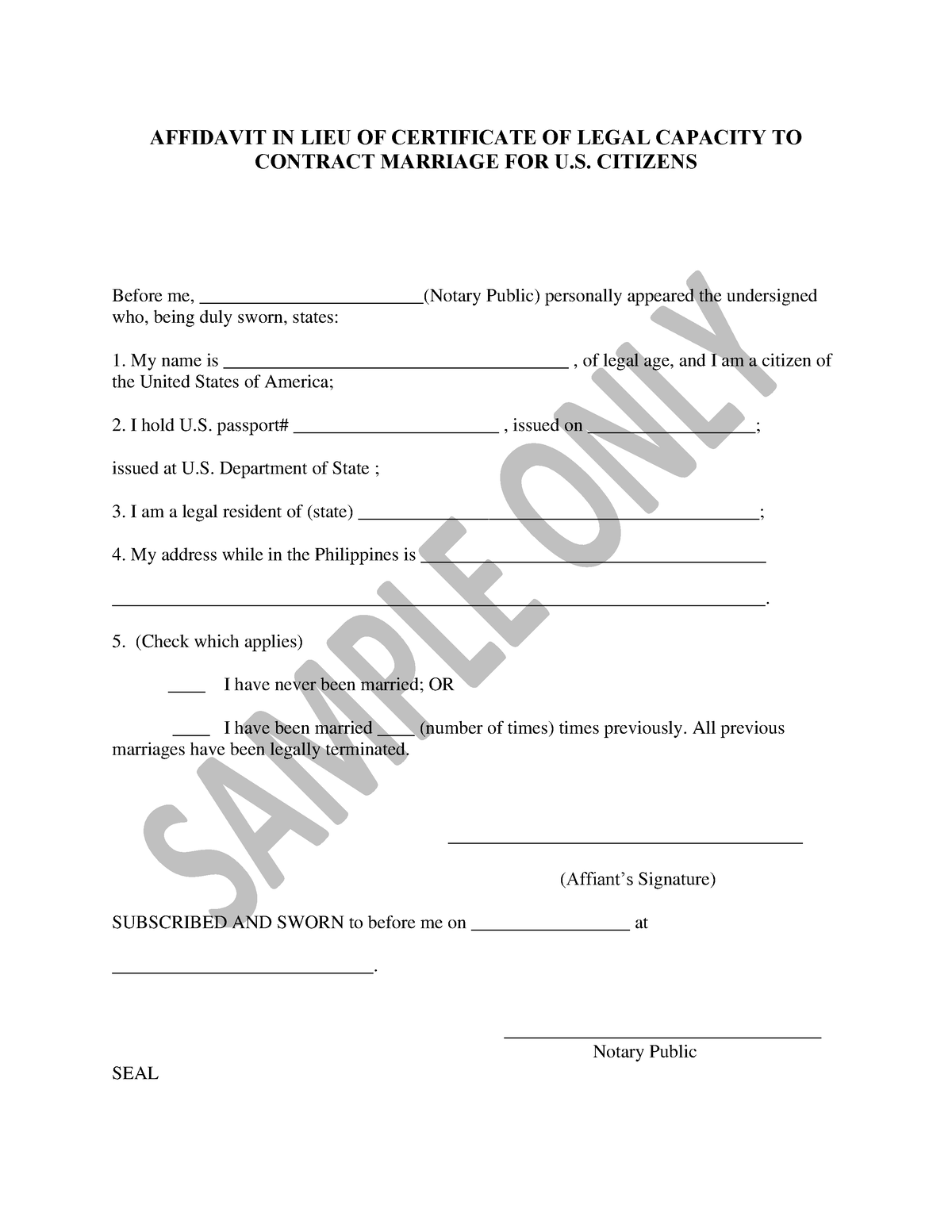 Affidavit of Legal Capacity to Contract Marriage AFFIDAVIT IN LIEU OF
