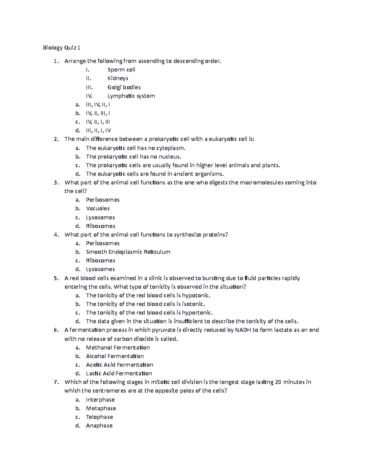 Biology Quiz 1 - Gen Bio Quiz - Biology Quiz 1 Arrange the following ...