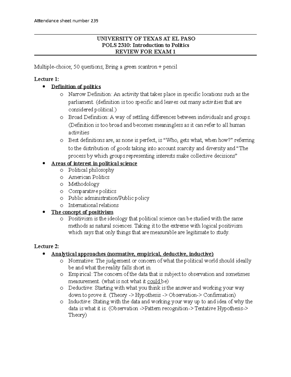 POLS 2310 Exam Review 1 - Attendance Sheet Number 239 UNIVERSITY OF ...