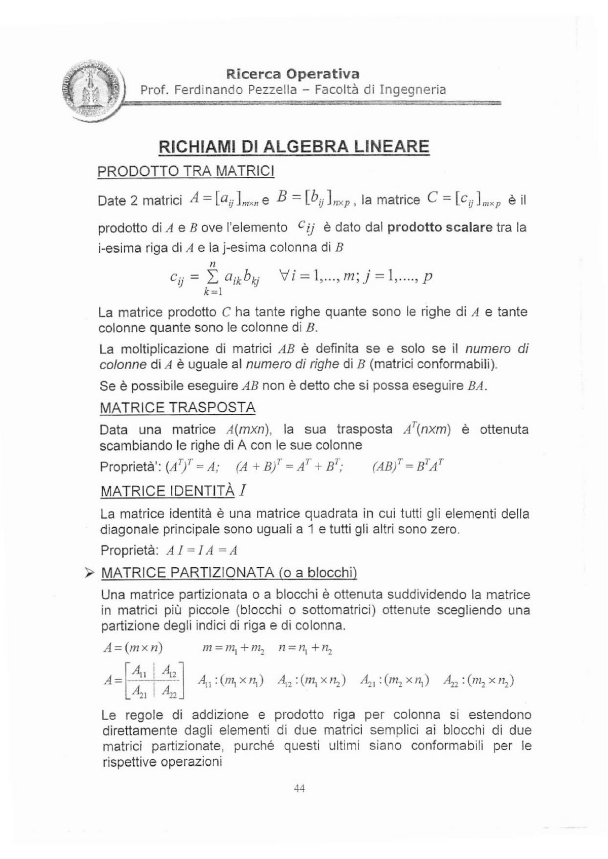 Prodotto Riga Per Colonna.Appunti Ricerca Operativa Richiami Di Algebra Lineare A A 2015 2016 Studocu