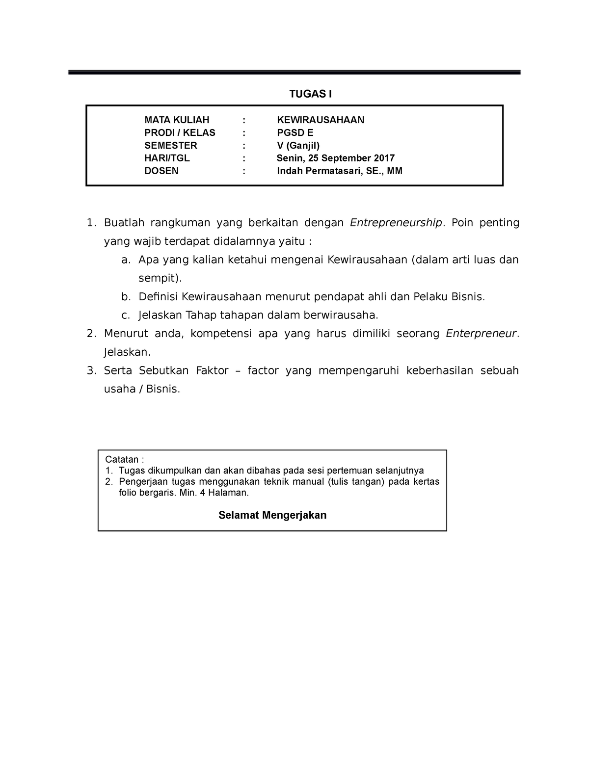 Tugas I Kewirausahaan PGSD E-1 - TUGAS I MATA KULIAH : KEWIRAUSAHAAN ...