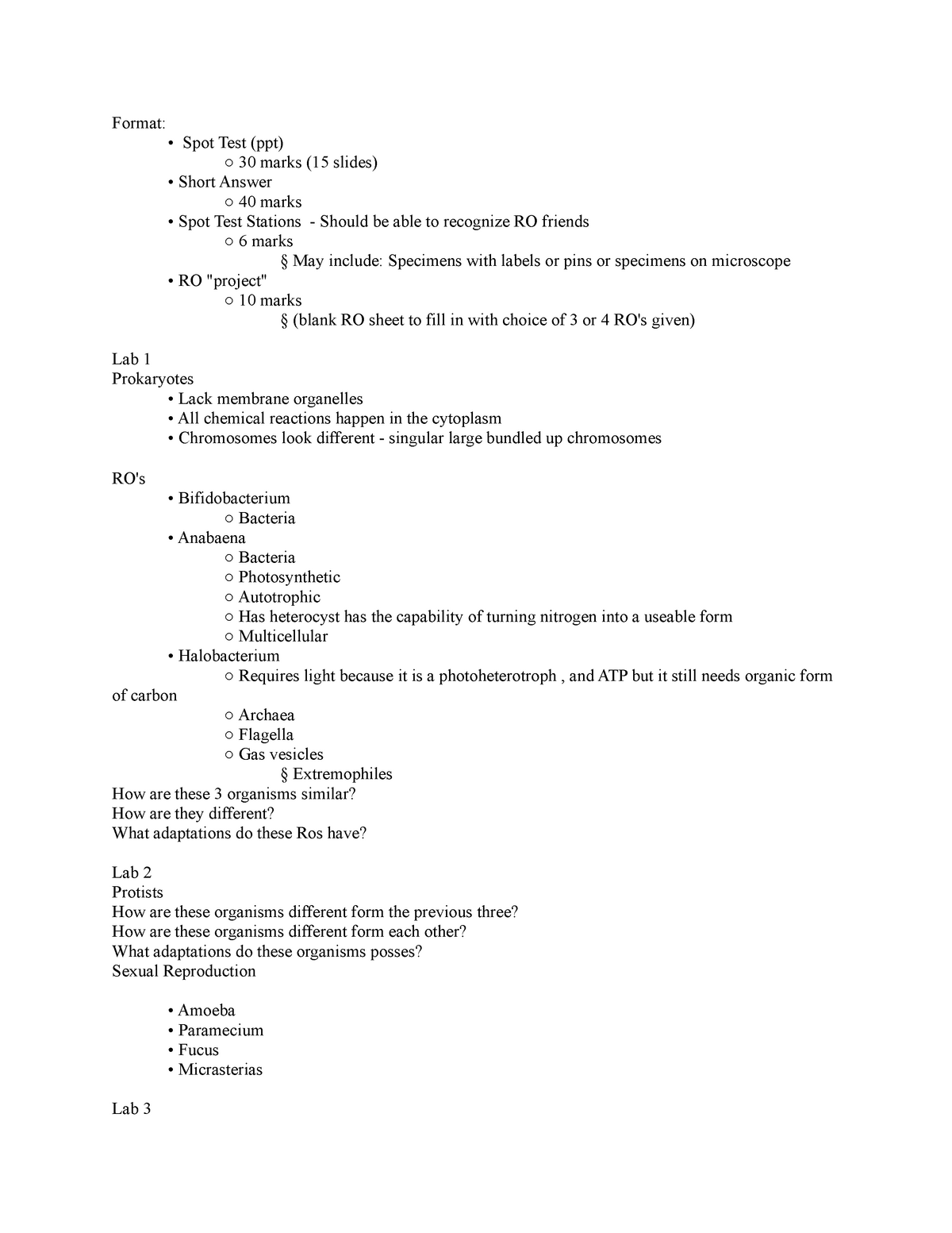 Bio Lab Final Exam - Format: • Spot Test (ppt) 30 marks (15 slides ...