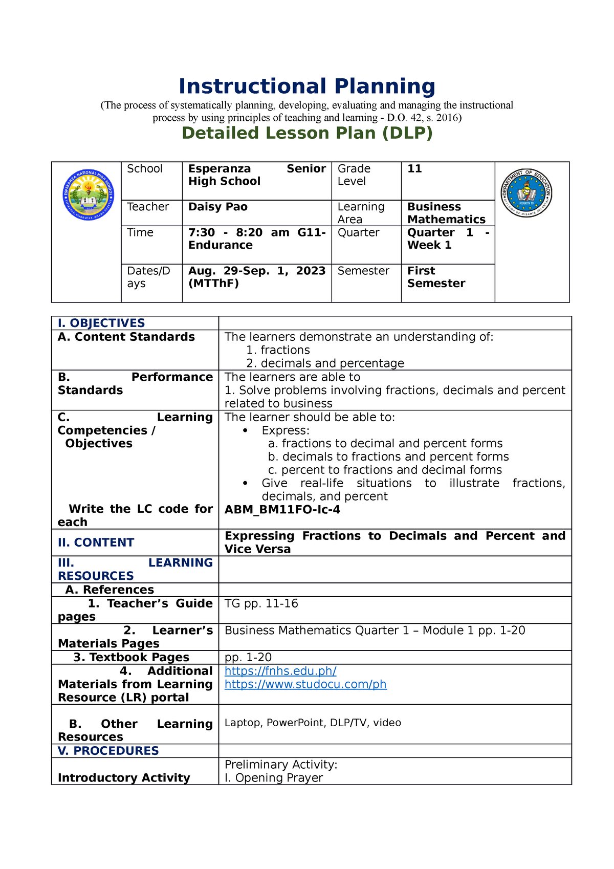 DLP-Bus Math Q1 W1 - Detailed Lesson Plan- Business Math Quarter 1 Week ...