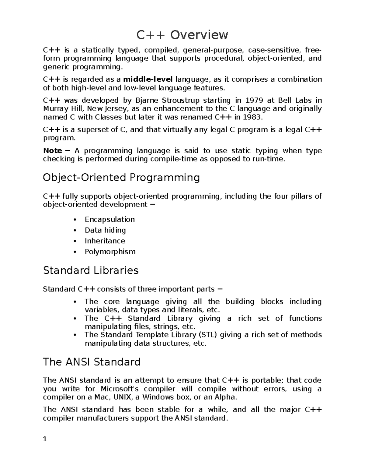 Quick guide - C++ Overview C++ is a statically typed, compiled, general ...