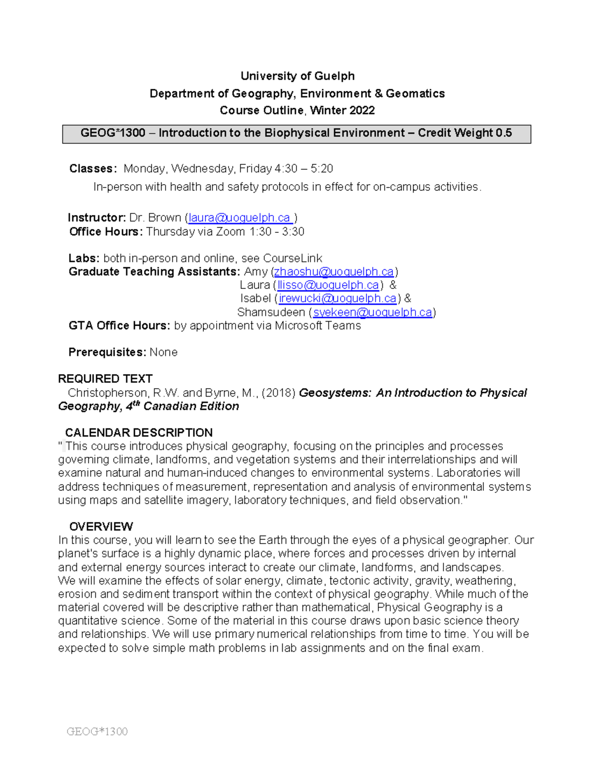 Outline GEOG1300 W22 - University of Guelph Department of Geography ...