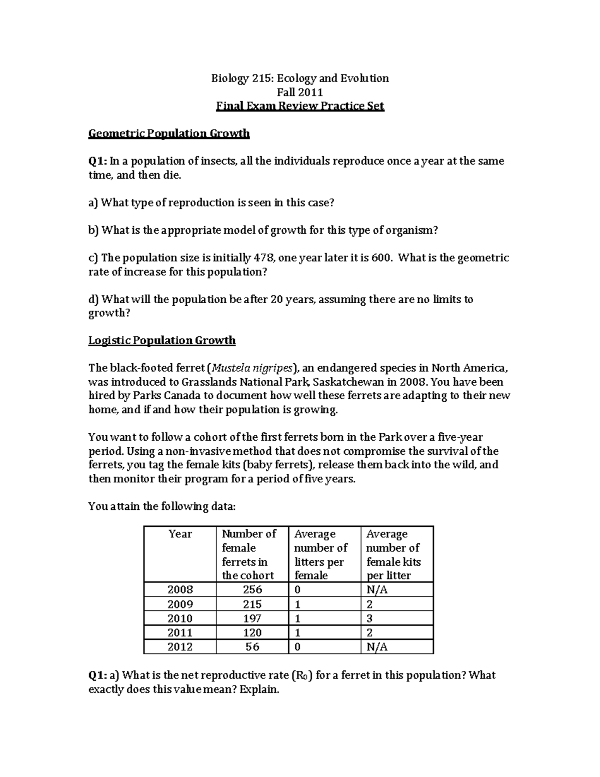 Practice exam 2011, Questions - Biology 215: Ecology and Evolution Fall ...