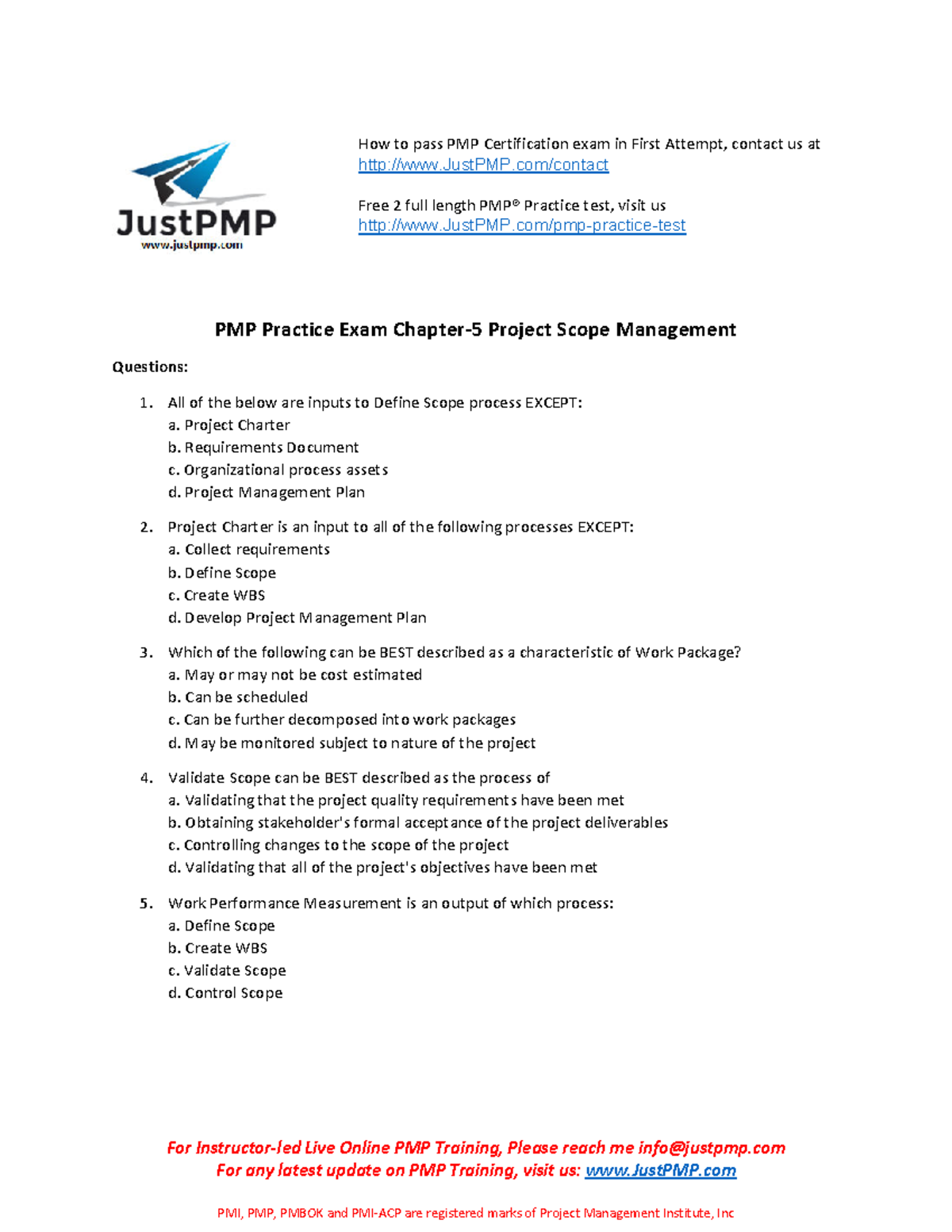 PMP Chapter 5 Test Project Scope Management - For Instructor-led Live ...