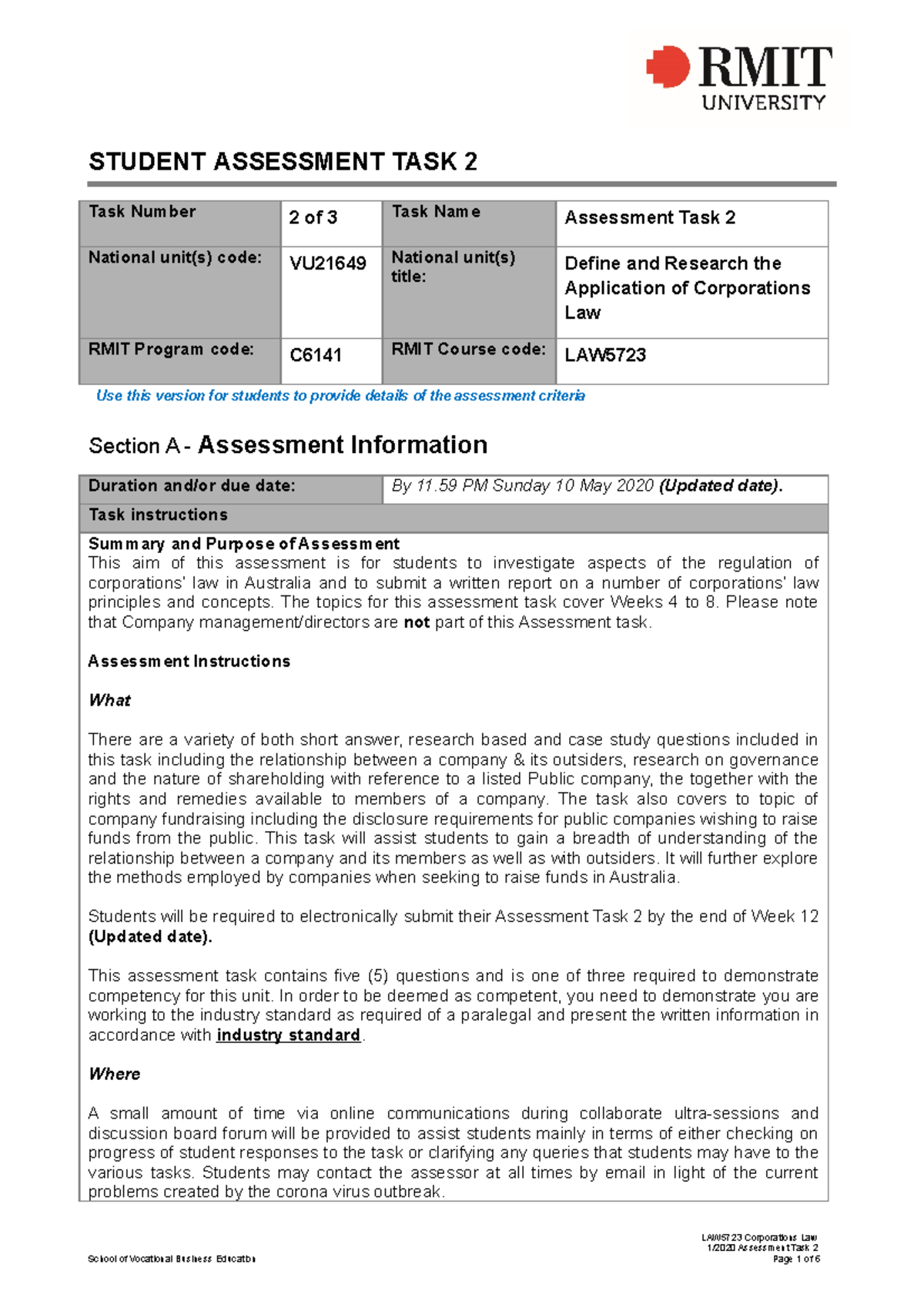 1.2020 Corporations Law Assessment Task 2-1 - STUDENT ASSESSMENT TASK 2 ...