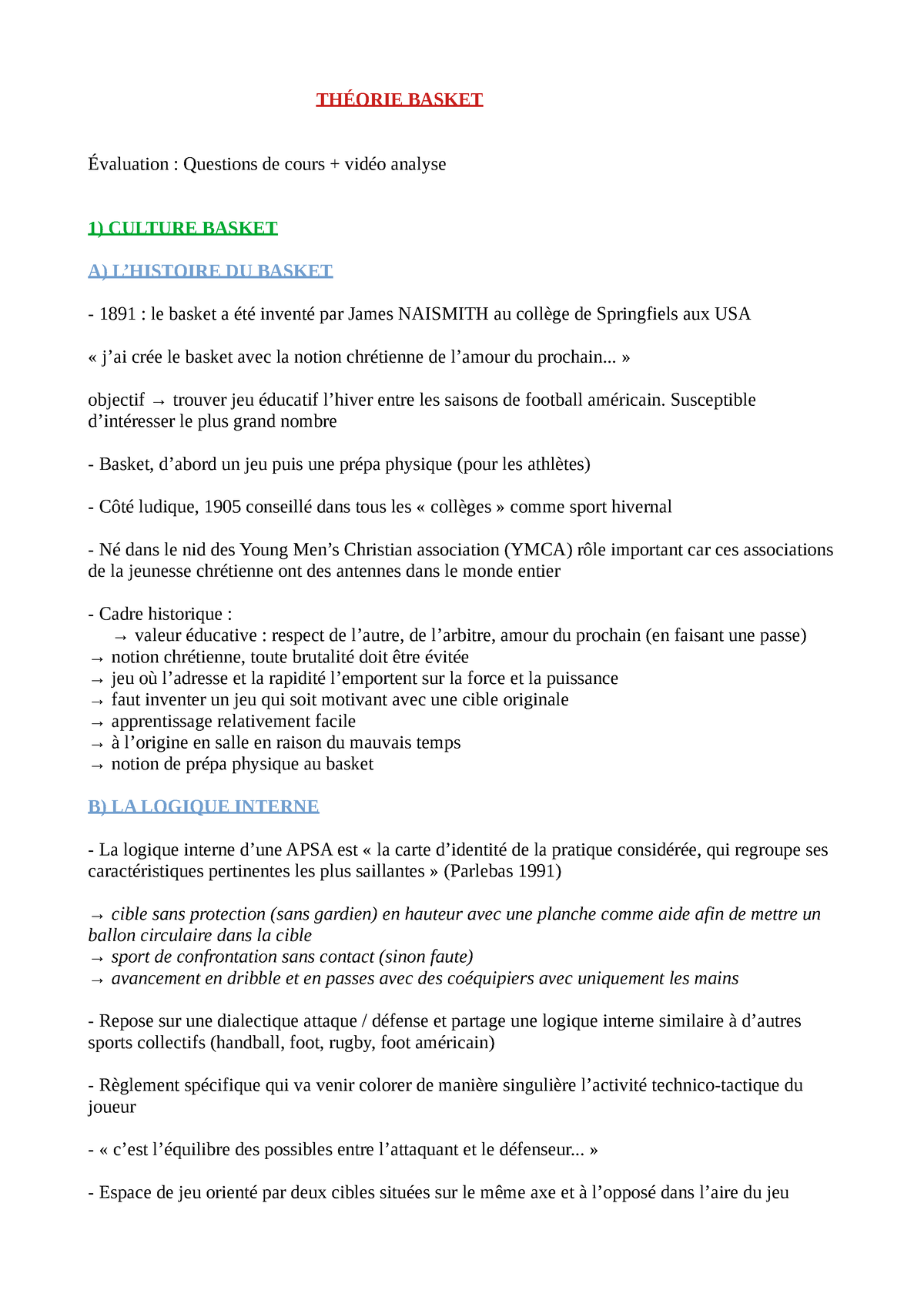 Cours 1 Basket-ball - THÉORIE BASKET Évaluation : Questions De Cours ...